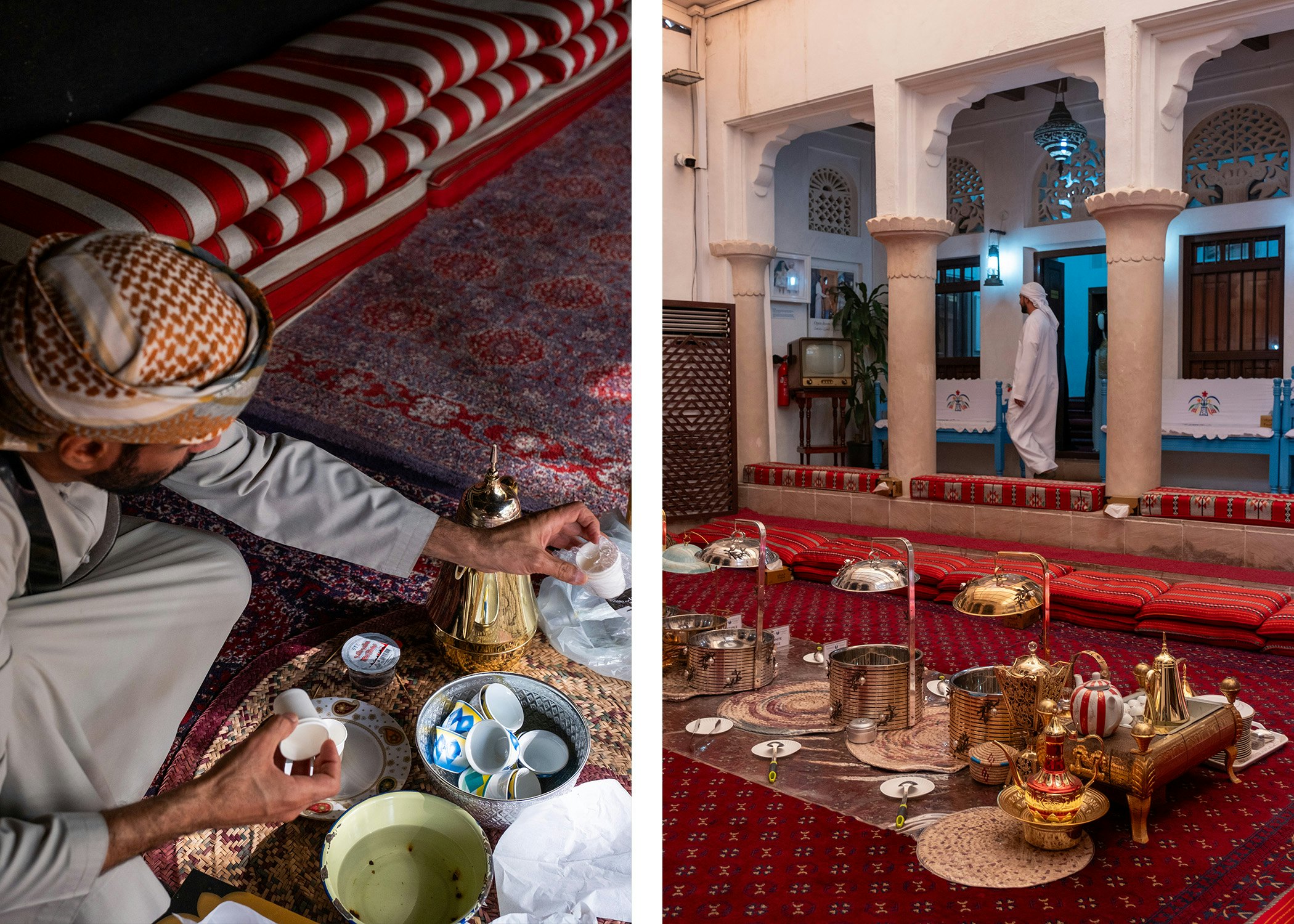 Left, a man prepares coffee while sitting on the floor; floor seating with colorful pillows arranged inside a building