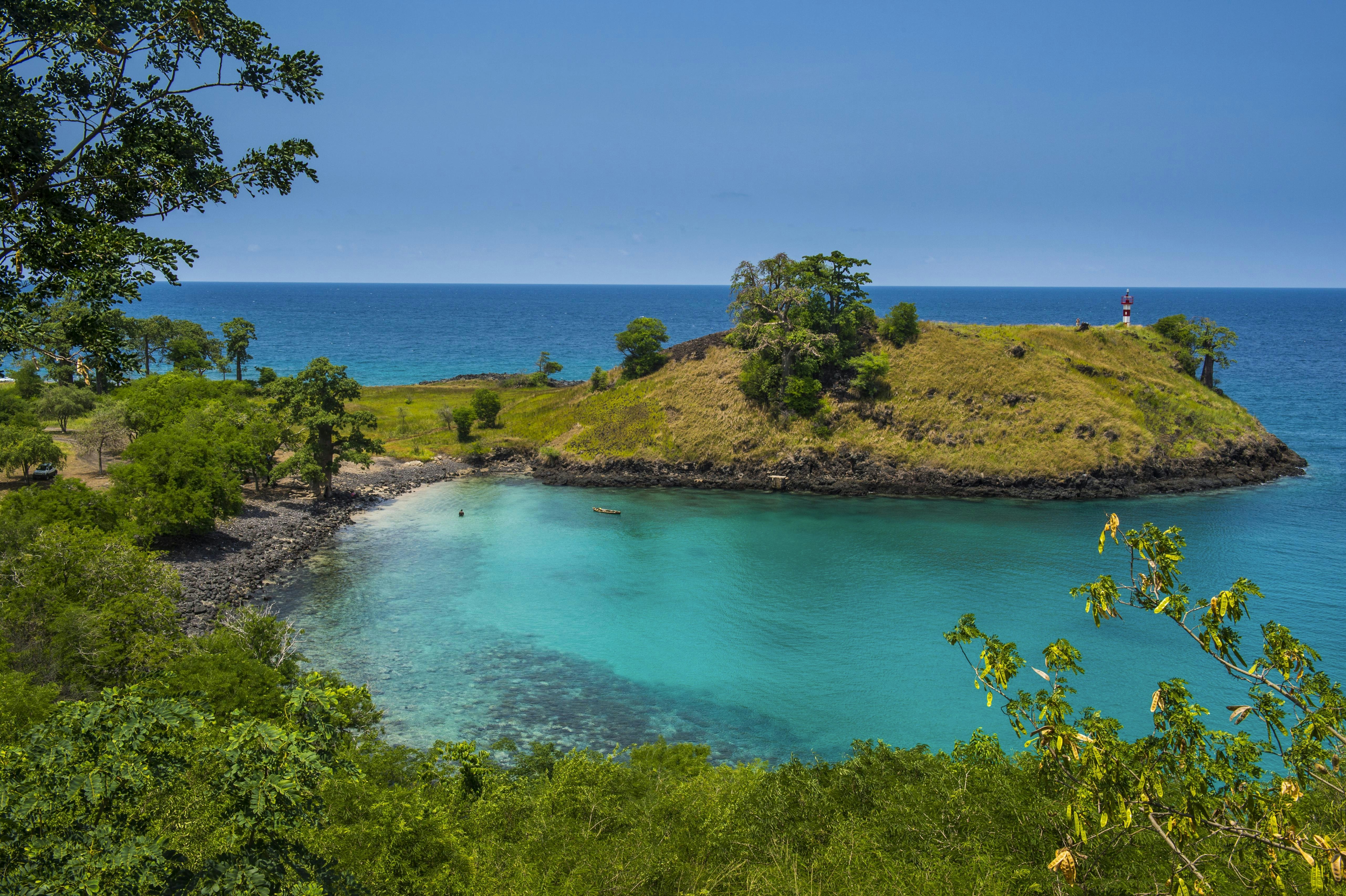 The turquoise waters of Lagoa Azul in northern Sao Tome, Sao Tome and Principe, Atlantic ocean