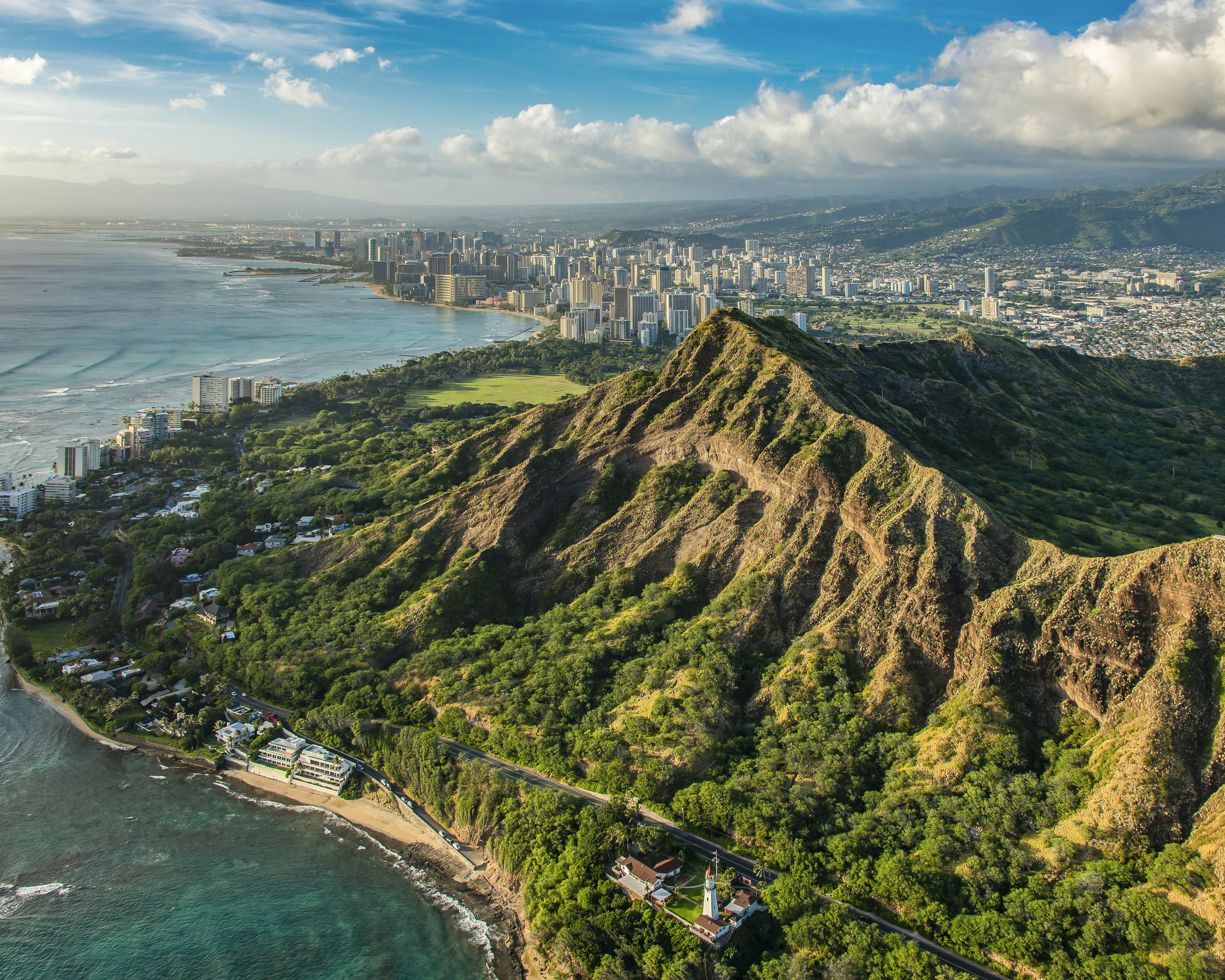 1397681795
Aerial view of Diamond Head Crater with Honolulu cityscape in the distance, Oahu, Hawaii, USA