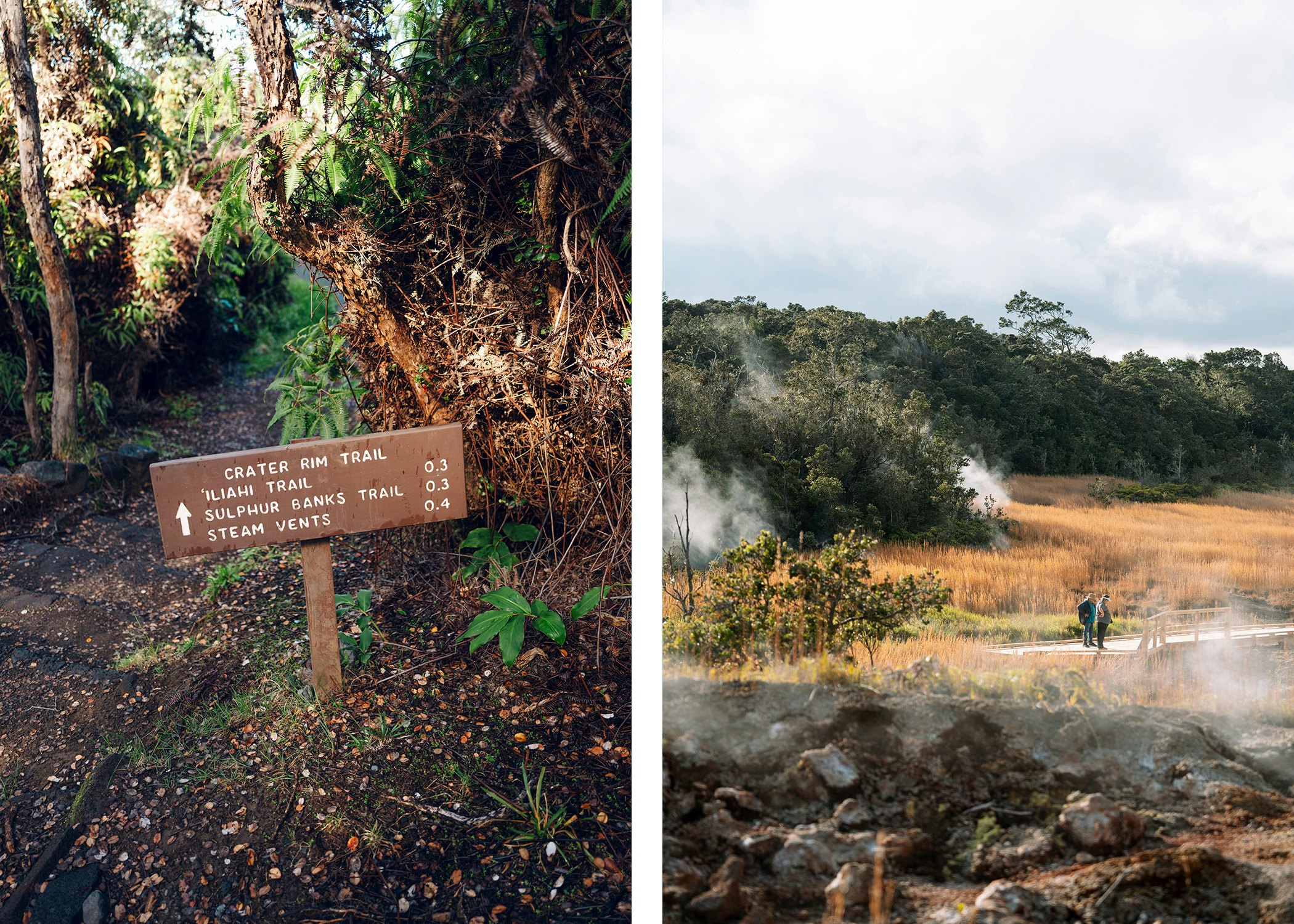 Left, a sign on a trail; right people walking on a trail near steam vents
