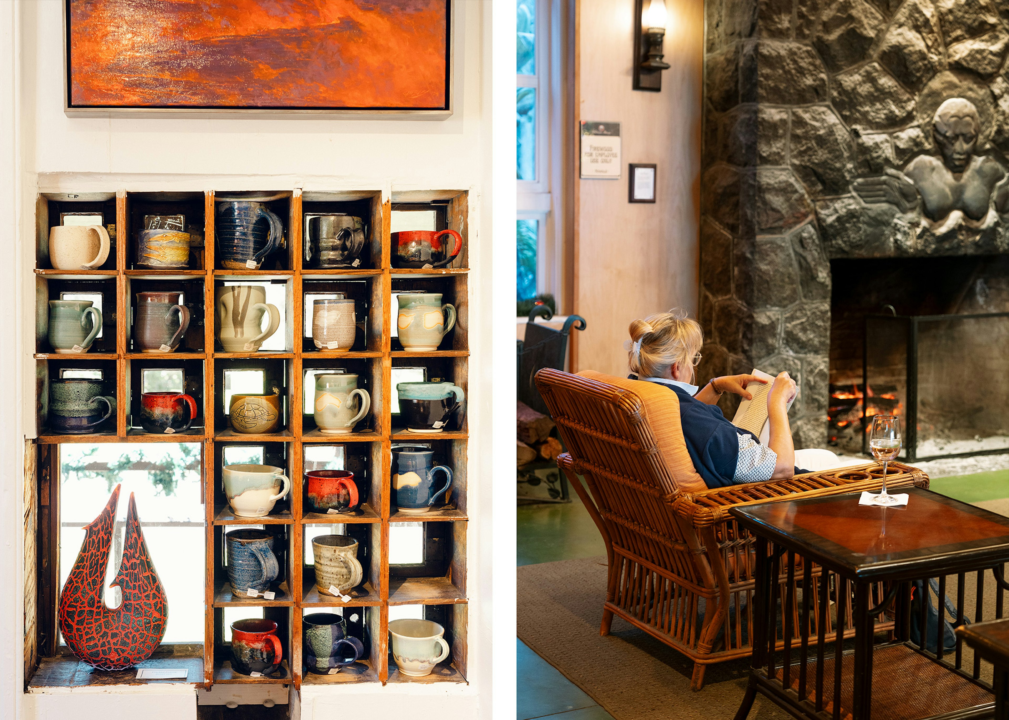 Left, a selection of mugs on a shelf; right, a woman reads a book in a chair by a fireplace