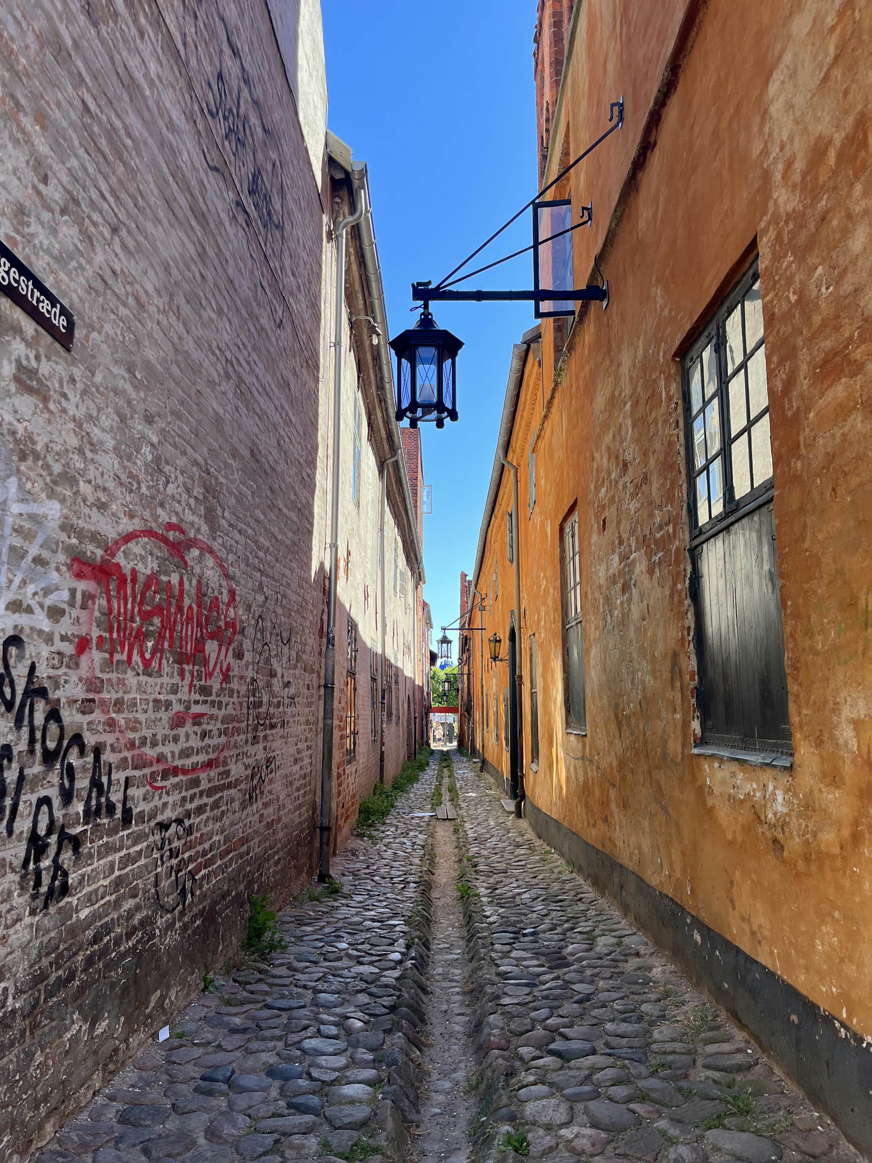 A shaded, narrow cobblestone lane between two buildings on a sunny day.