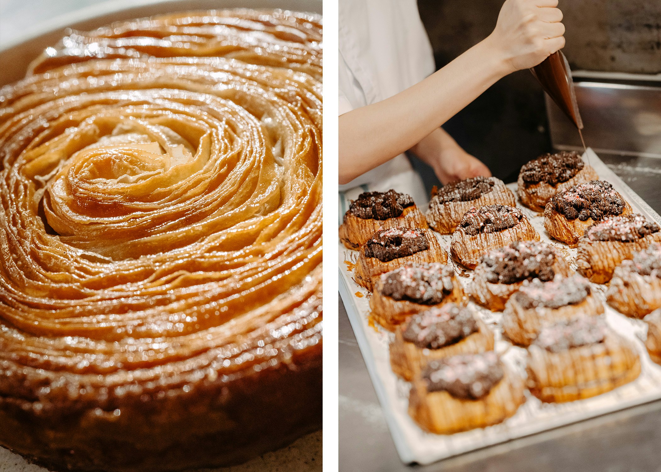 Left, up close photo of a pastry; right, a hand drizzles chocolate on croissants