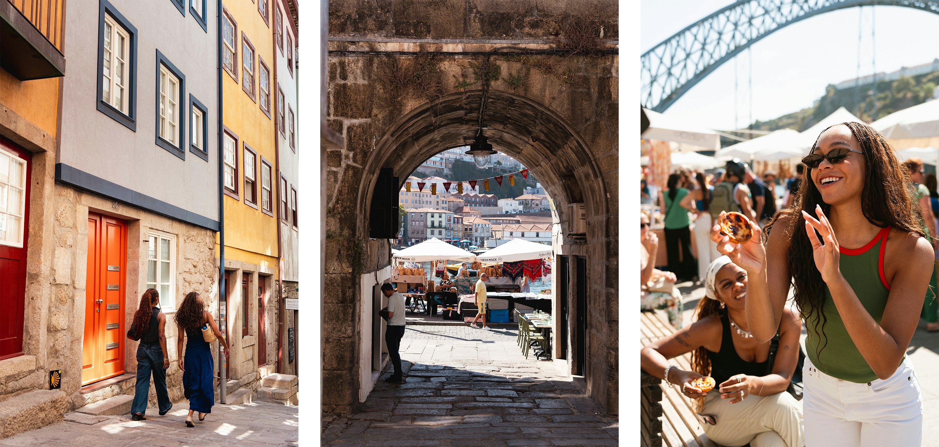 From left to right: Hunter and Peyton explore the Porto Historic City; a view of the Douro riverfront from Porto; Hunter and Peyton try the beloved Portuguese custard tart, pastel de nata