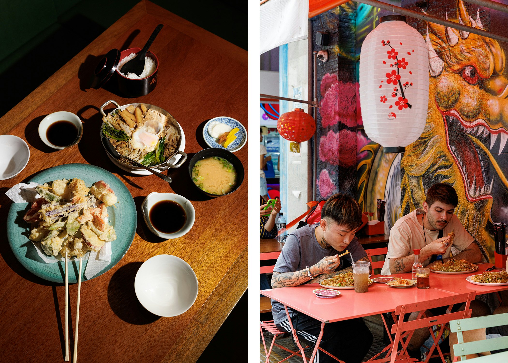 Left, an overhead shot of Japanese food on a table; right, two people eating Malaysian food at outdoor seating