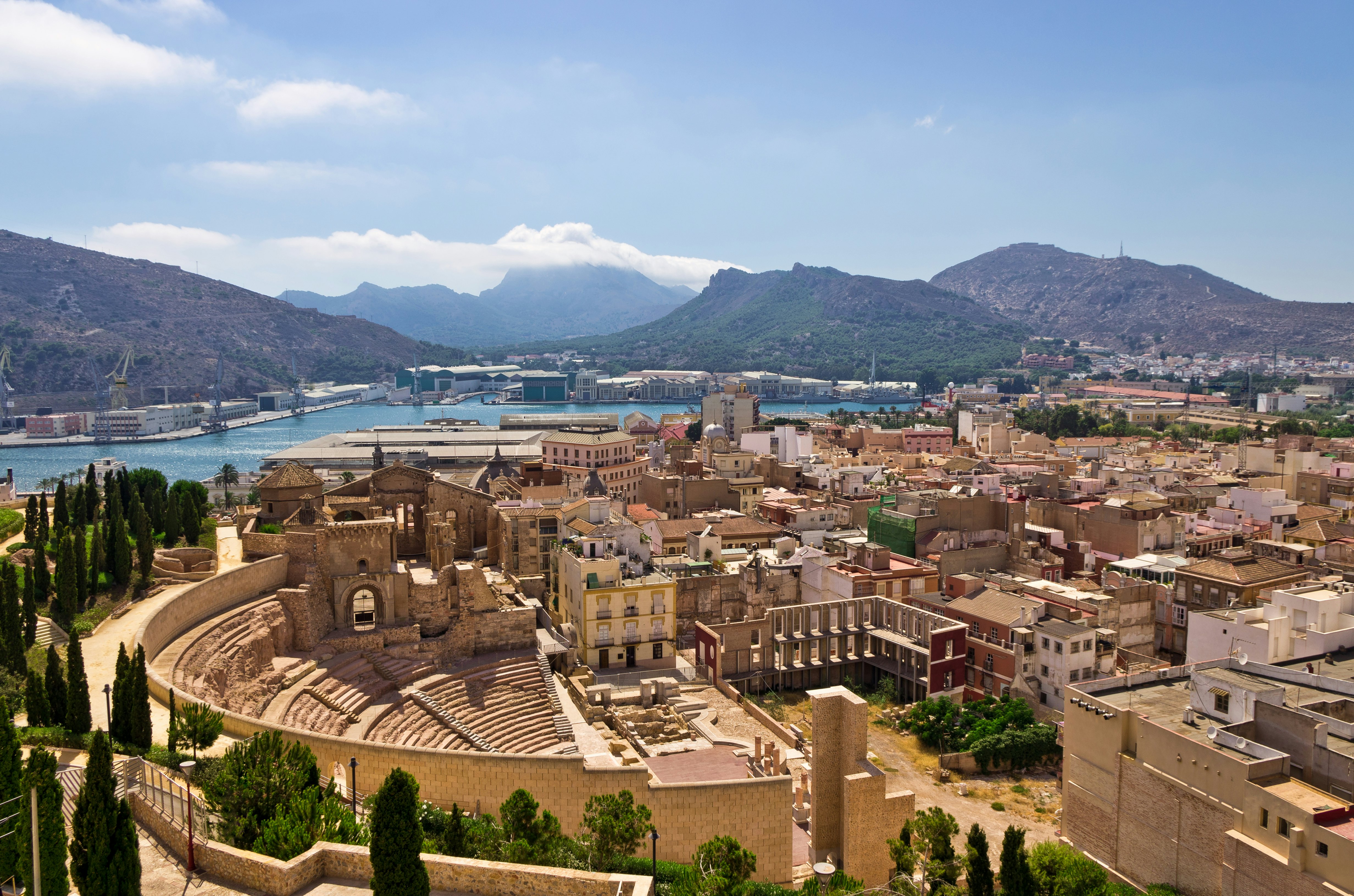 View over Cartagena looking at the Roman Amphitheater and harbor beyond.