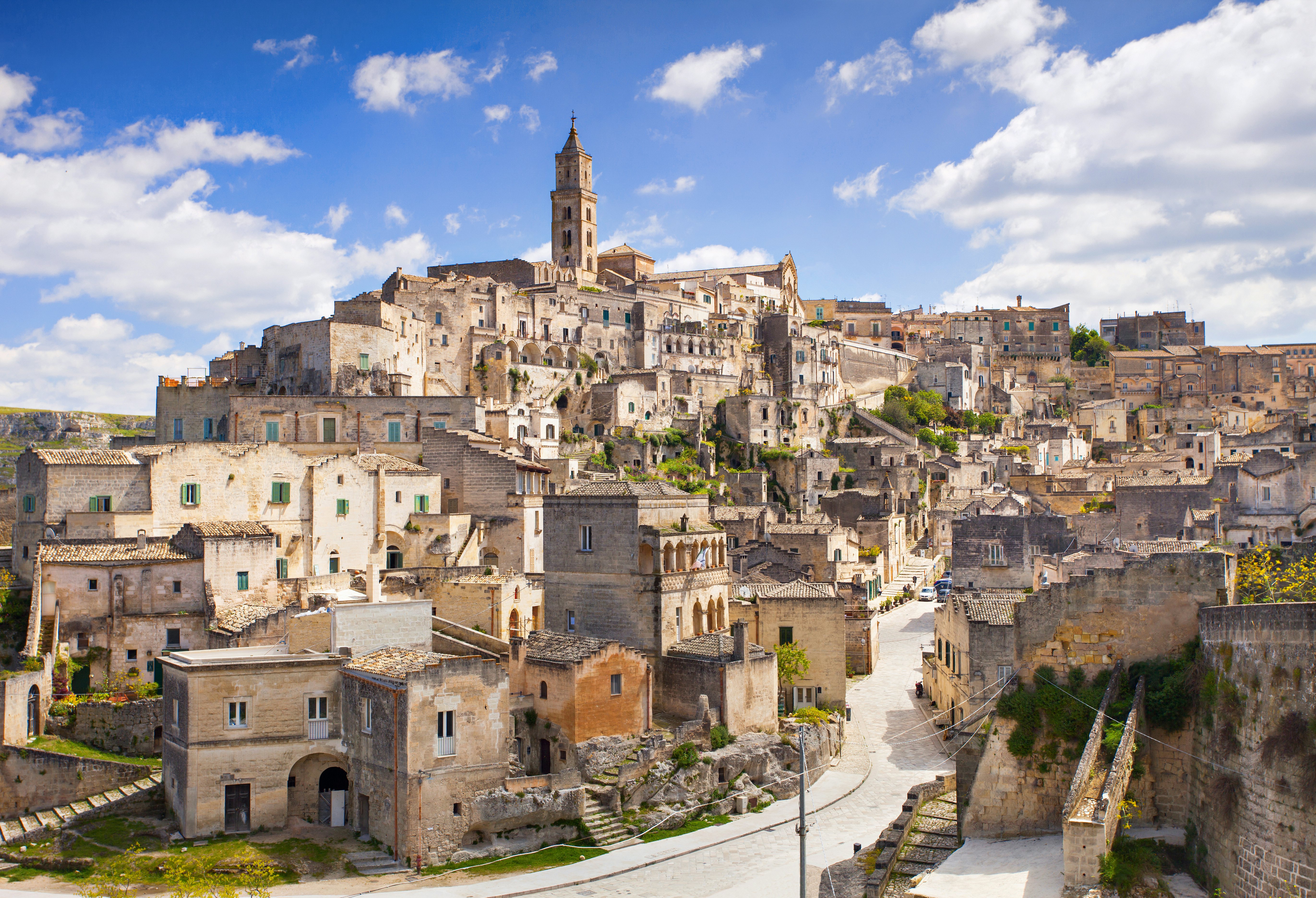 Historic buildings line the streets of Matera, Basilicata, Italy.