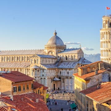 Cathedral (Duomo) and the Leaning Tower photographed from above the roofs, from the Grand Hotel Duomo - Pisa, Tuscany, Italy License Type: media Download Time: 2023-07-19T13:13:23.000Z User: FergalCo Is Editorial: Yes purchase_order: