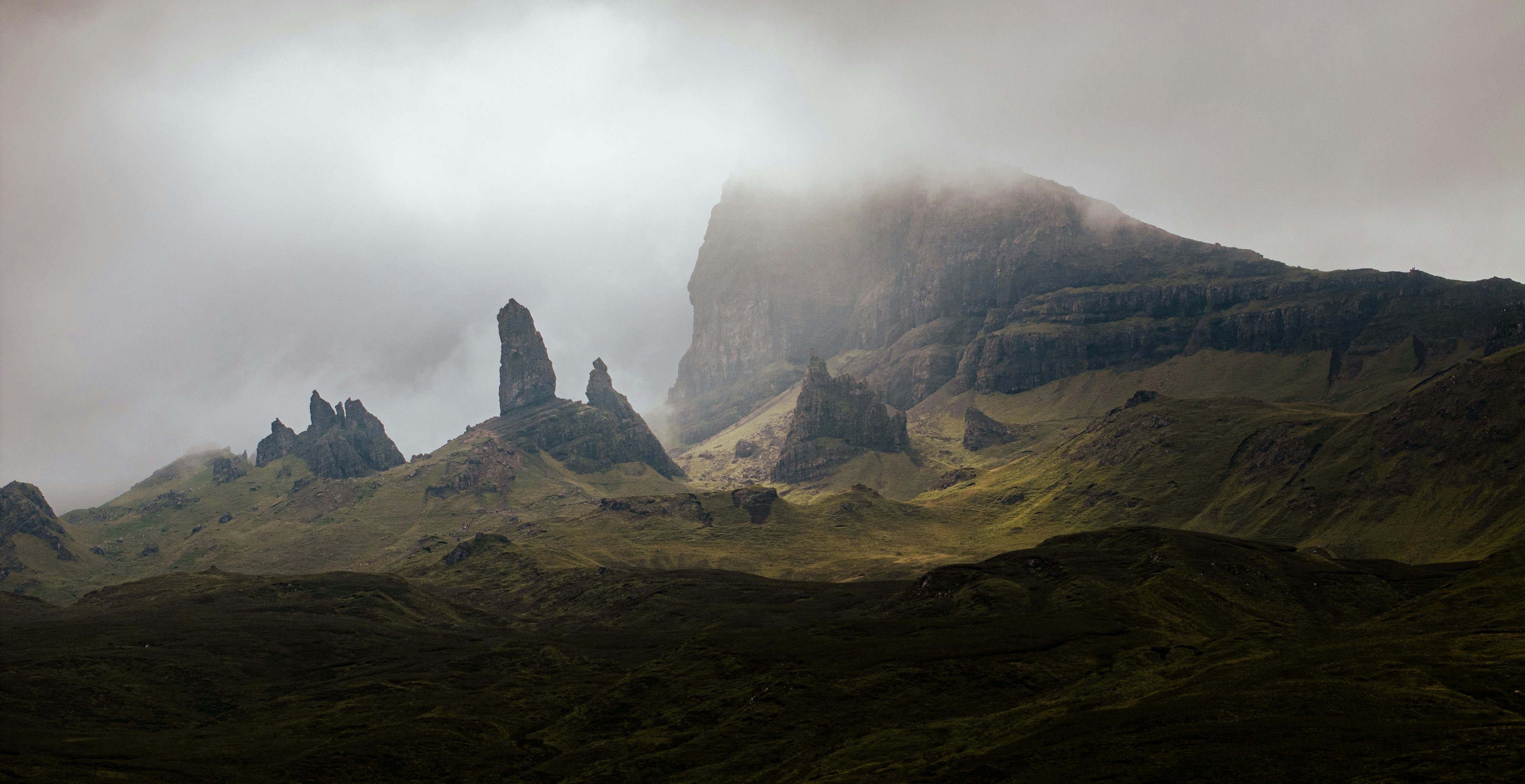The dramatic Old Man of Storr veiled in mist