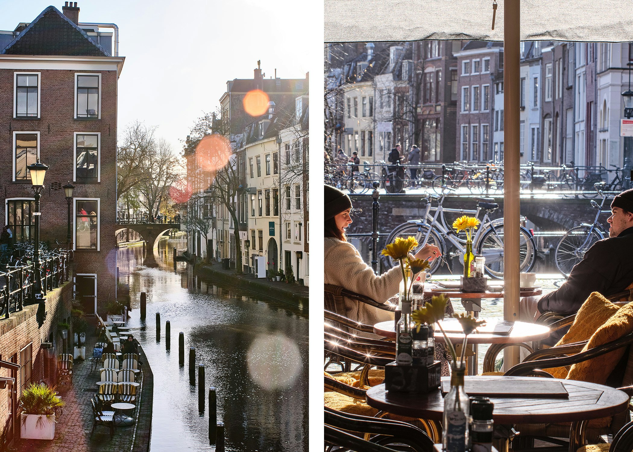 Left, a view of a canal with buildings on either side; right, a two people sit at able at a restaurant that overlooks the canal