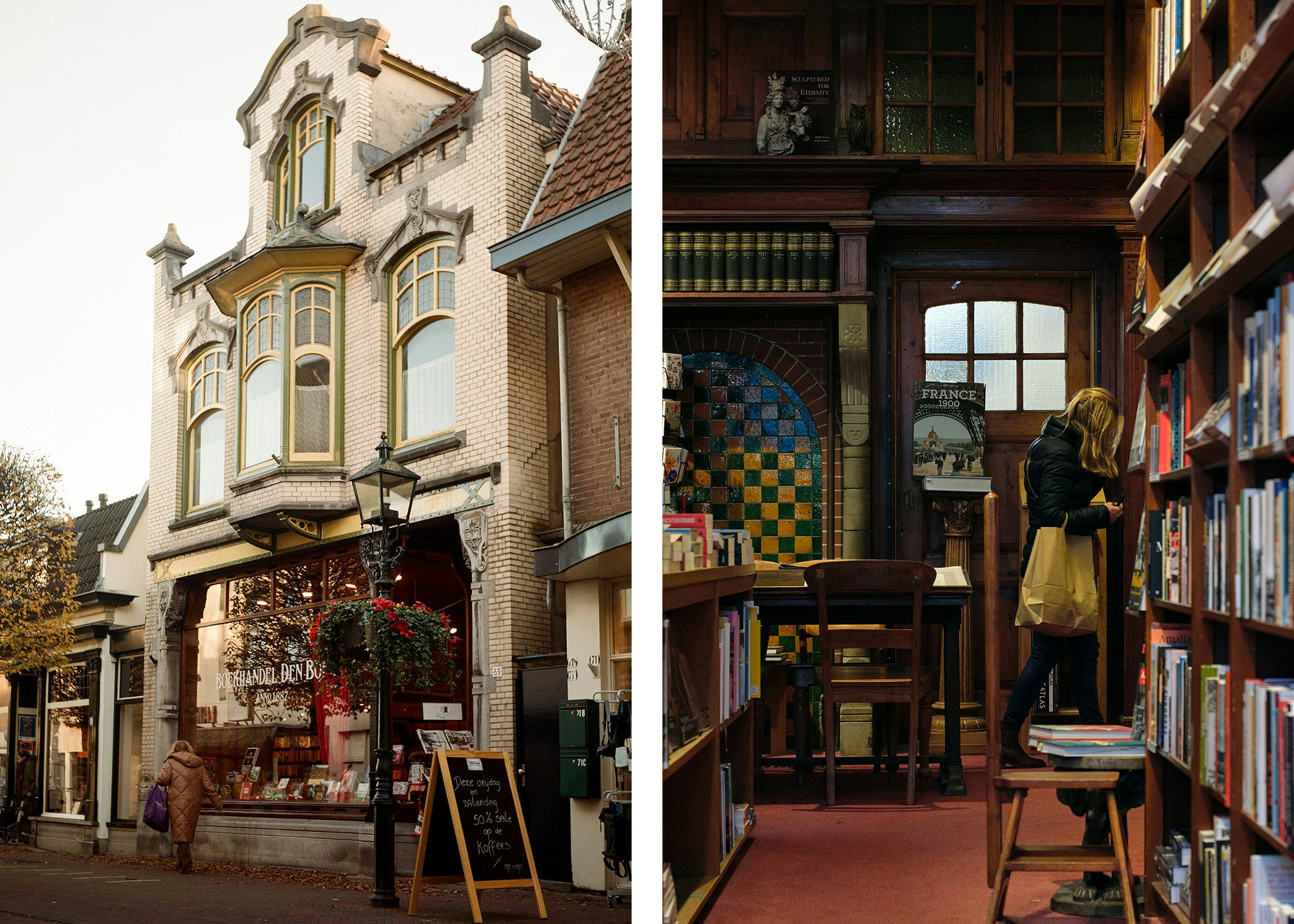 Left, the exterior of a bookstore; right, a women walks through a bookstore