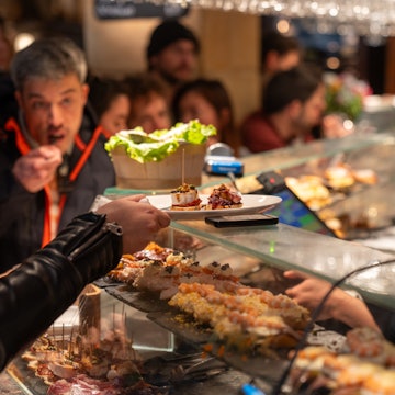 May 2, 2024: May 2, 2024: Indar Unanue eats pintxos at Gandarias in the Old Town district of San Sebastian in Basque Country.
Spain Marketing 1379722