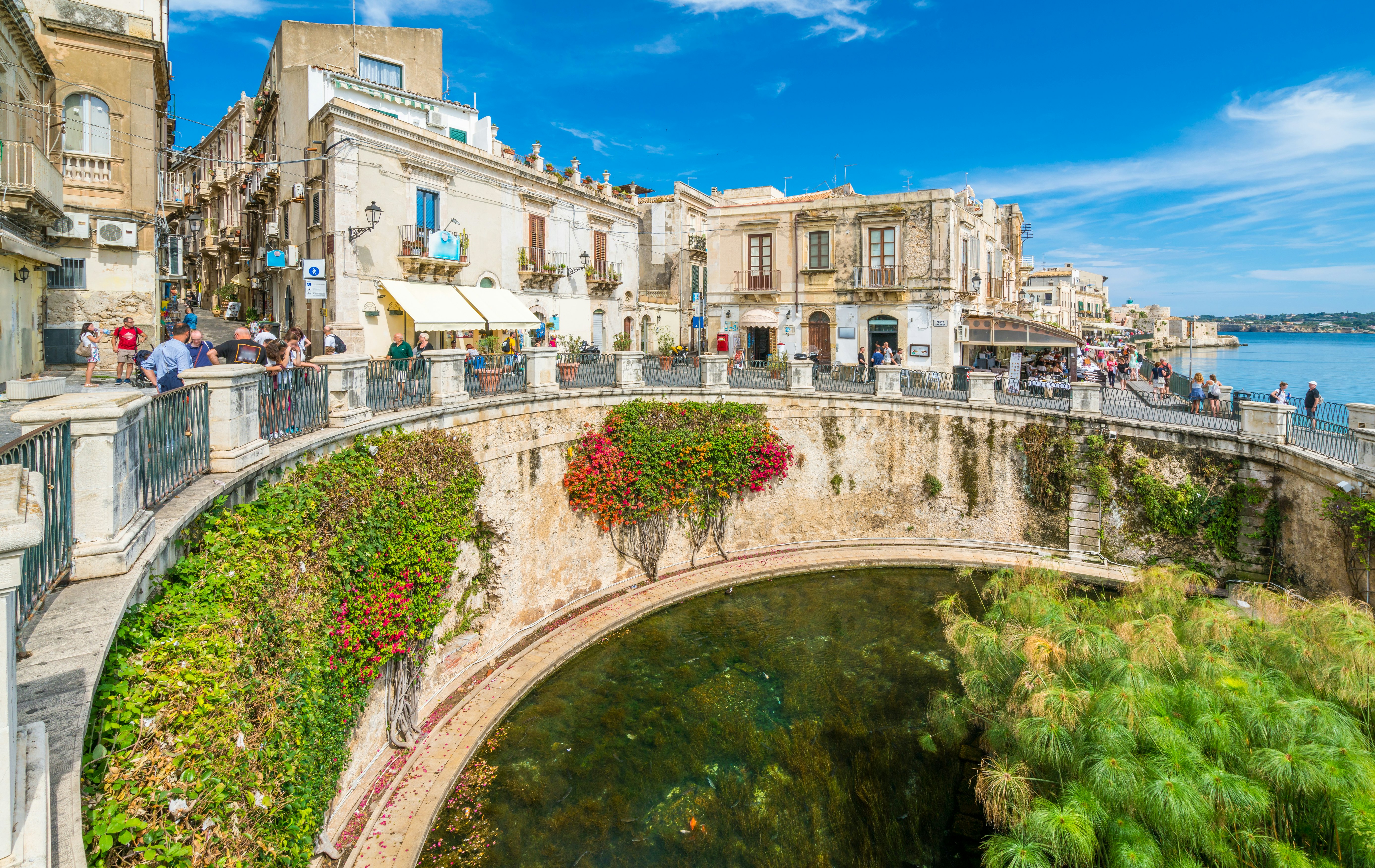 The Fontana Aretusa on Ortygia in Syracuse on a sunny summer day.