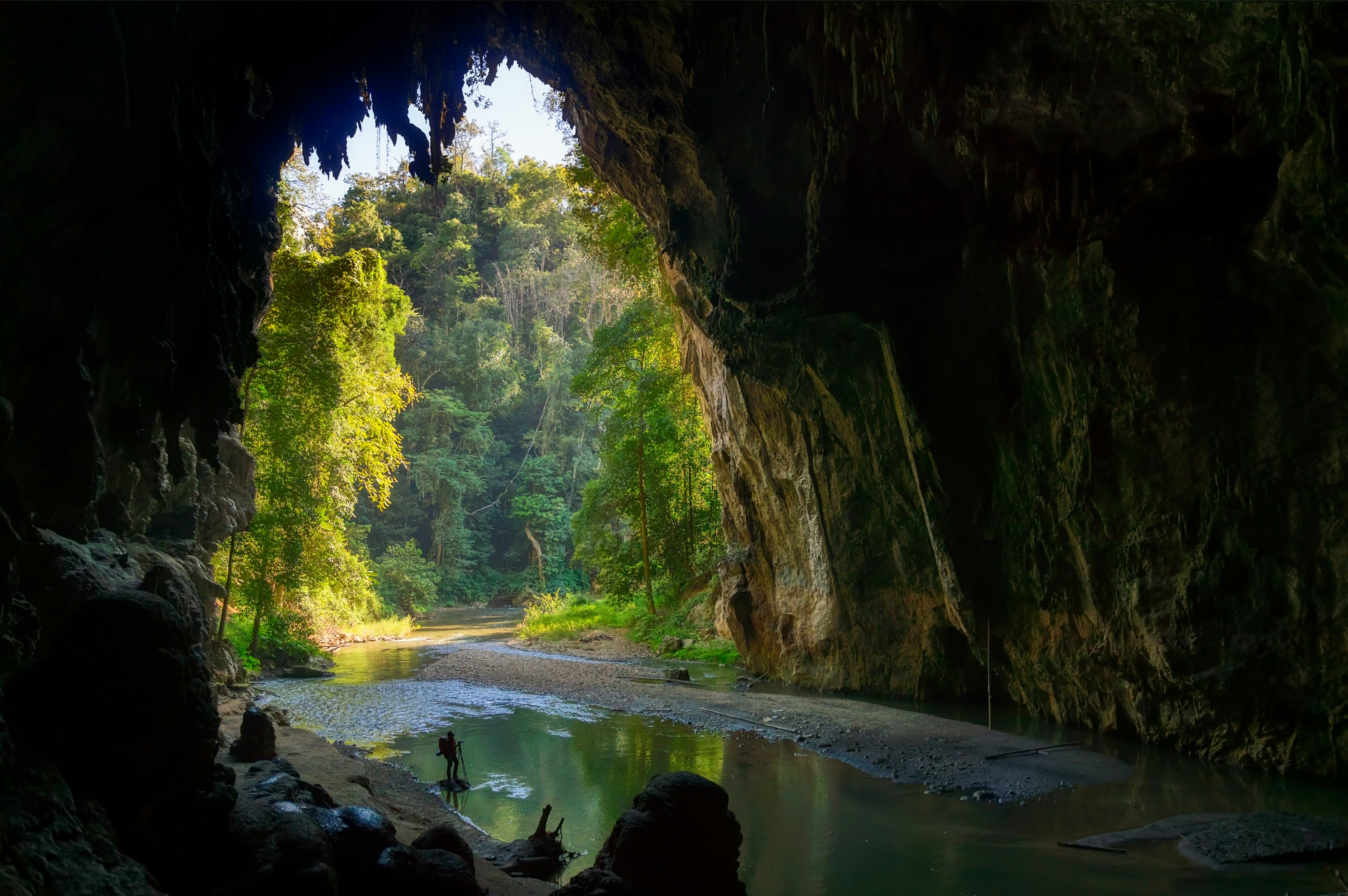 Sunlight shines into cave with a tall opening and shallow water