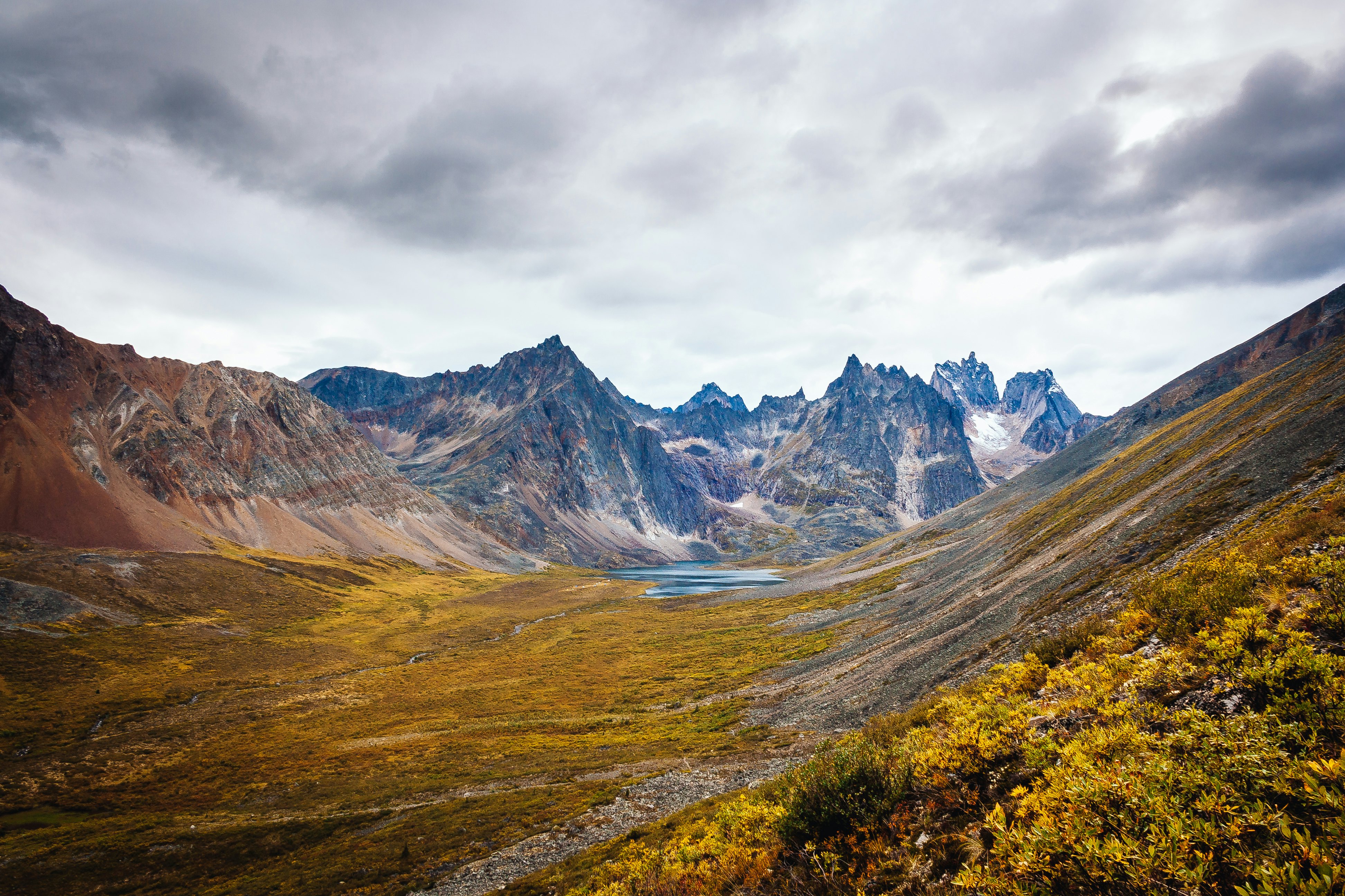 View of the mount Monolith and grizzly lake from the hiking trail of the Tombstone Park in Yukon, Canada