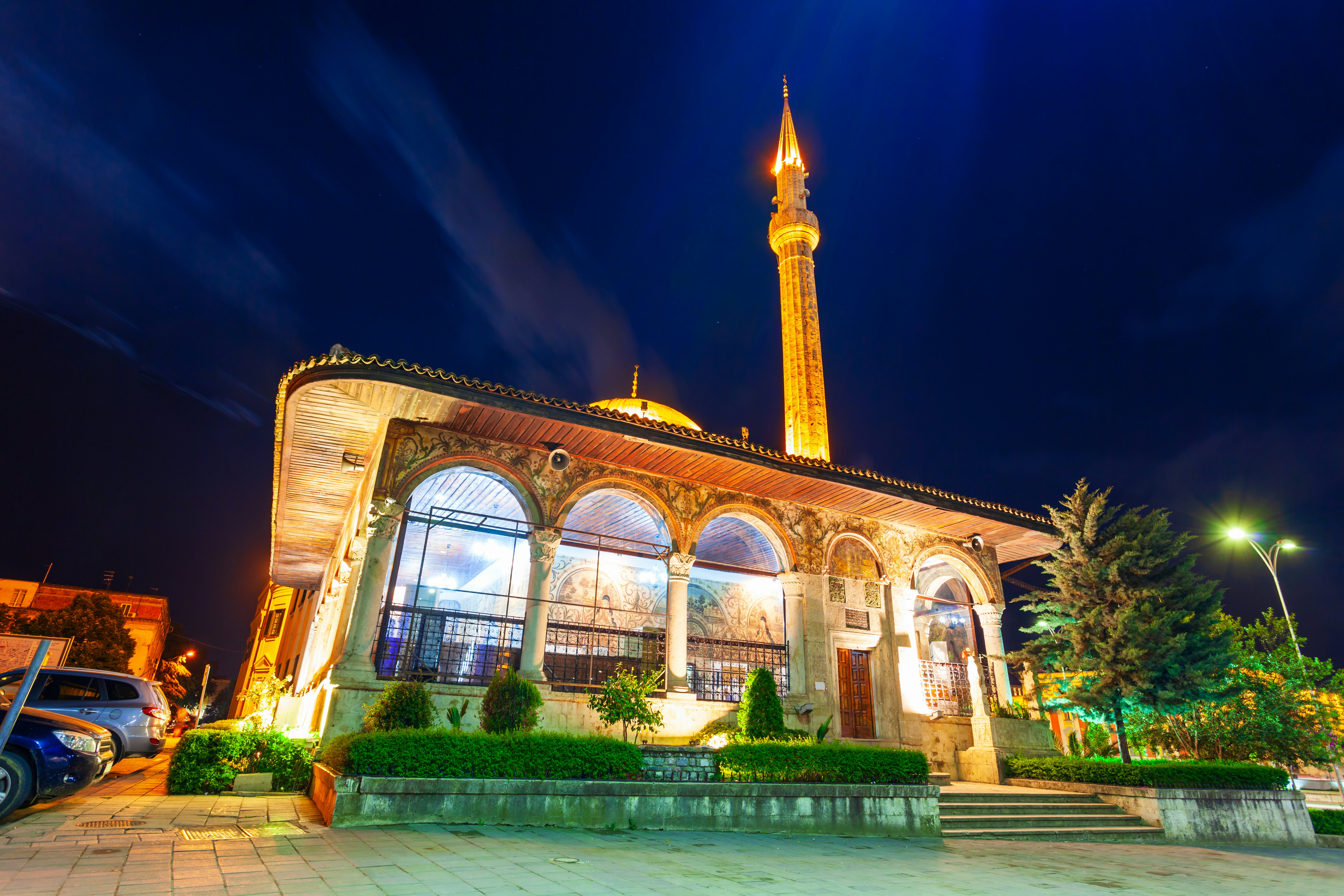 Illuminated mosque at night