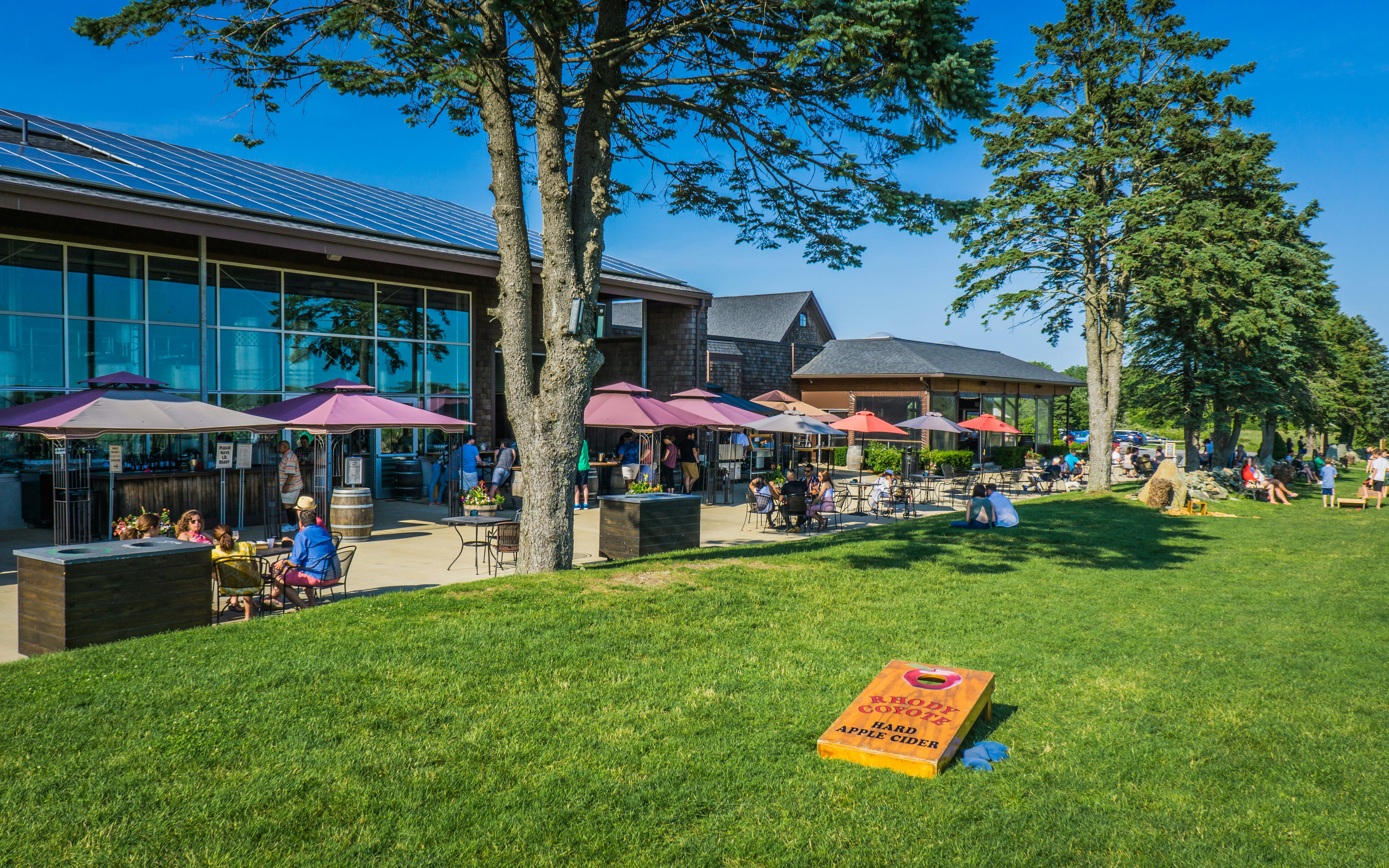 People at tables under umbrellas and on the lawn at a vineyard in Newport, Rhode Island.