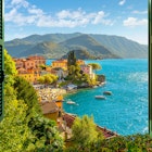 A view over the rooftops of Bellagio and the blue waters of Lake Como, Italy