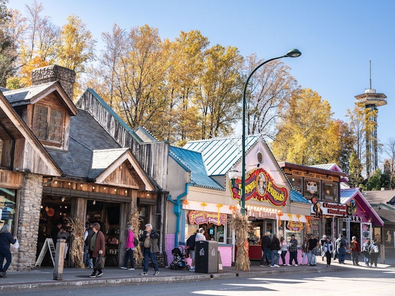 Street view of popular tourist city of Gatlinburg Tennessee in the Smoky Mountains with attractions in view