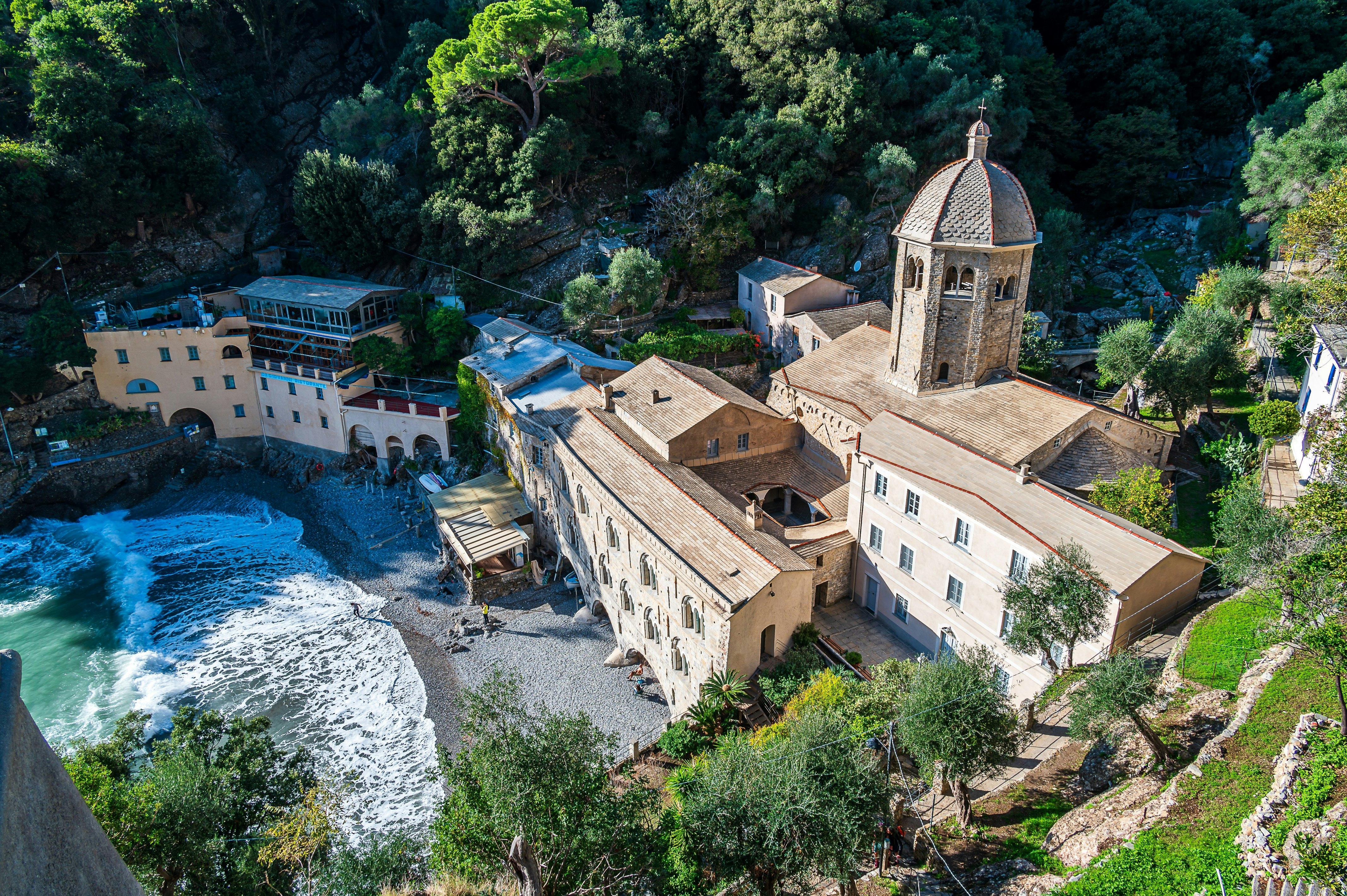 A view of the small cove containing the Abbazia di San Fruttuoso, Liguria, Italy.