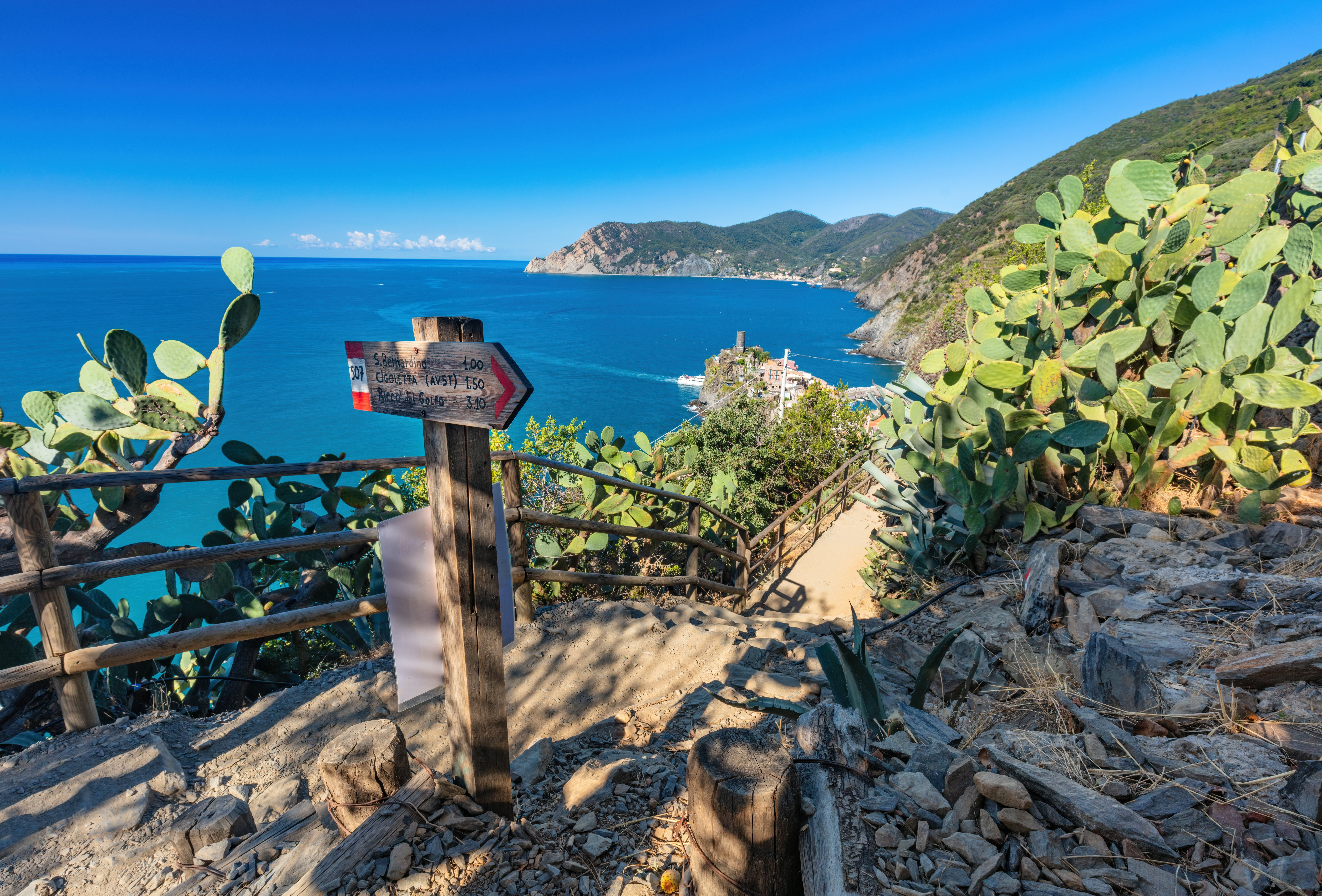 Signpost on a walking path near Vernazza in the Cinque Terre, Liguria, Italy.