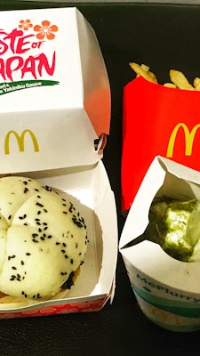 A fish fillet Yakiniku burger and Matcha Mcflurry from McDonald's Indonesia.