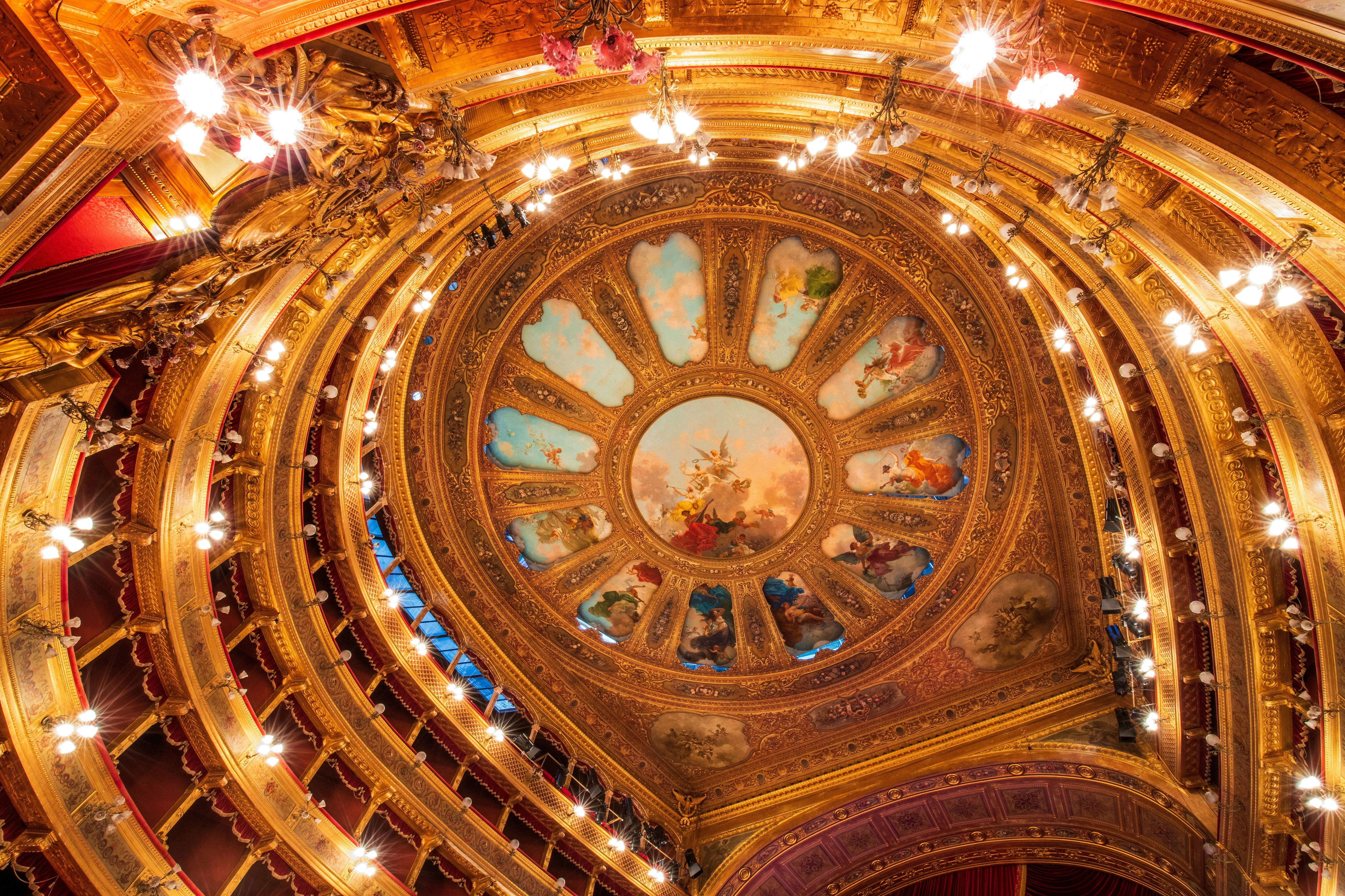 The ornate ceiling of the Teatro Massimo opera house in Palermo, Sicily.