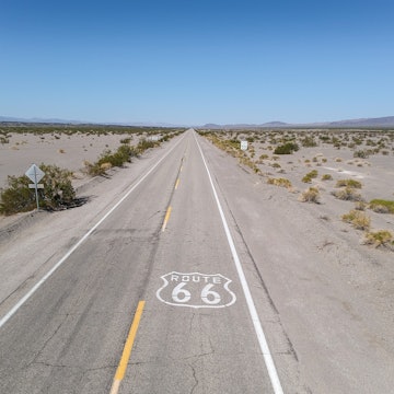 Los angeles desert, California - 12 October 2023: Road 66 sign beetween Los Angeles and Las vegas. Mother road in the desert., License Type: media, Download Time: 2025-05-29T14:37:32.000Z, User: lonelyplanetmedia, Editorial: true, purchase_order: 65050 - Digital Destinations and Articles, job: Global Publishing WIP, client: Global Publishing WIP, other: Peterson Haggarty // SS Comp Ingestion