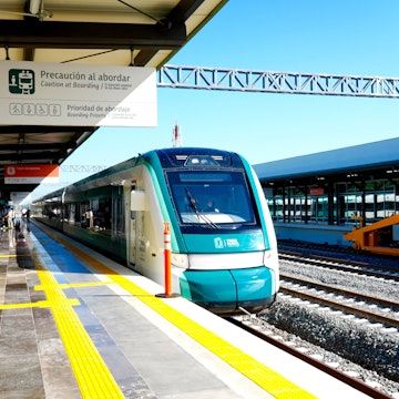 Tulum, Quintana Roo, Mexico - Jan. 8, 2025: Tren Maya's sleek new locomotives and train cars pull into the Tulum Airport Station where travelers have convenient links to international flights., License Type: media, Download Time: 2025-05-18T14:01:32.000Z, User: mvm_lonelyplanet, Editorial: true, purchase_order: 56530 - Guidebooks, job: Mexico 19, client: Global Publishing-WIP, other: Virginia Moreno