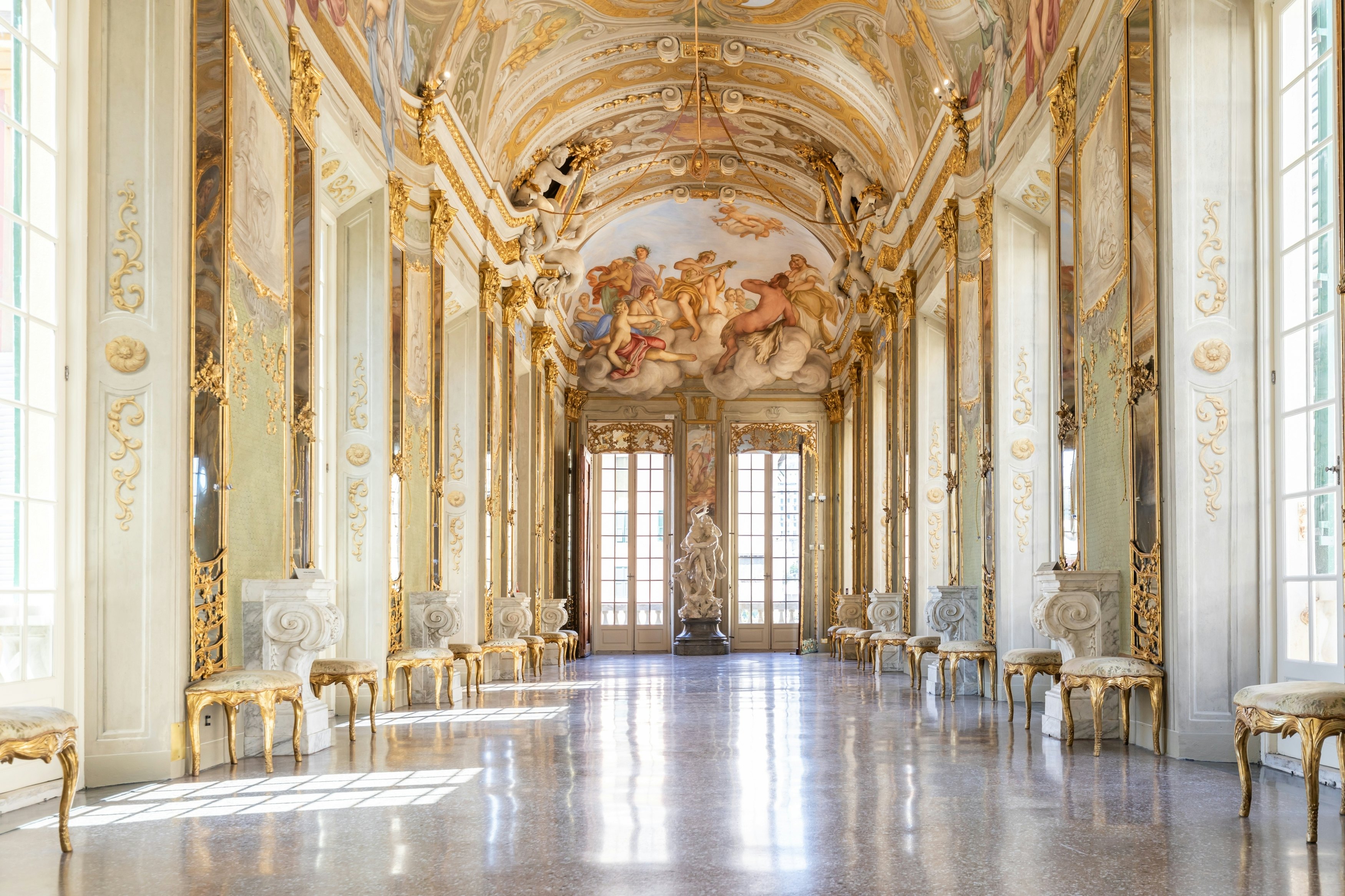 A lavishly decorated corridor at Genoa's Palazzo Reale, Liguria, Italy.