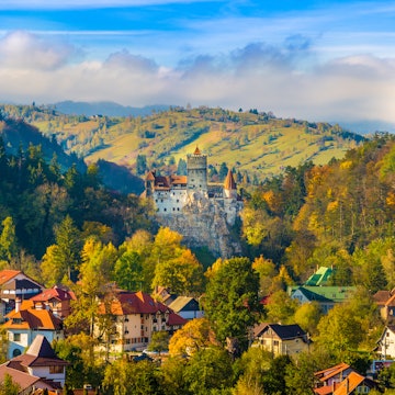 Panoramic view over Dracula medieval Castle Bran in autumn season, the most visited tourist attraction of Brasov, Transylvania, Romania, License Type: media, Download Time: 2025-09-24T16:05:22.000Z, User: clairenaylor, Editorial: false, purchase_order: 65050 - Digital Destinations and Articles, job: Online editorial, client: Transylvania things to know, other: Claire Naylor