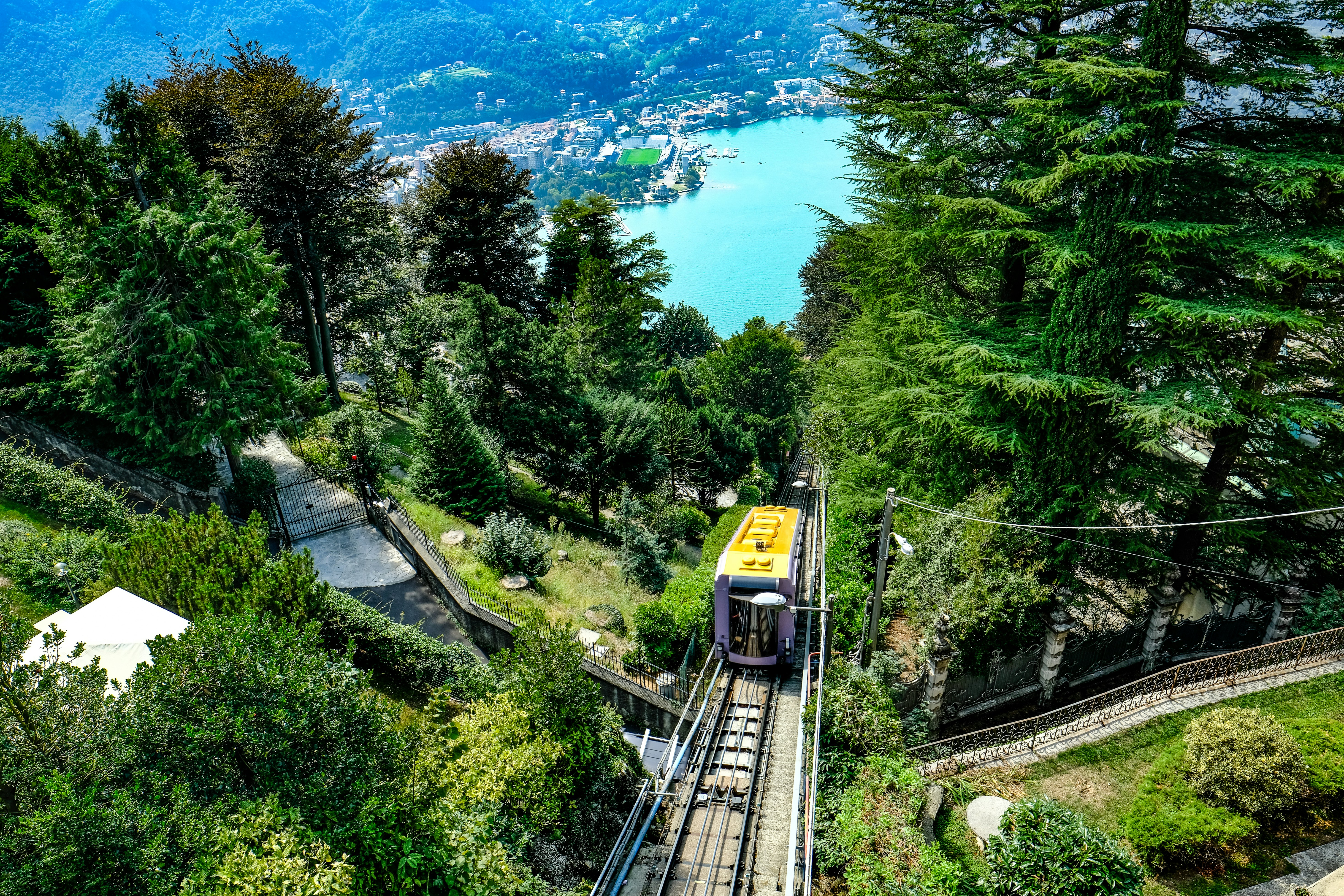 View of Lake Como and the Como-Brunate funicular, Italy.