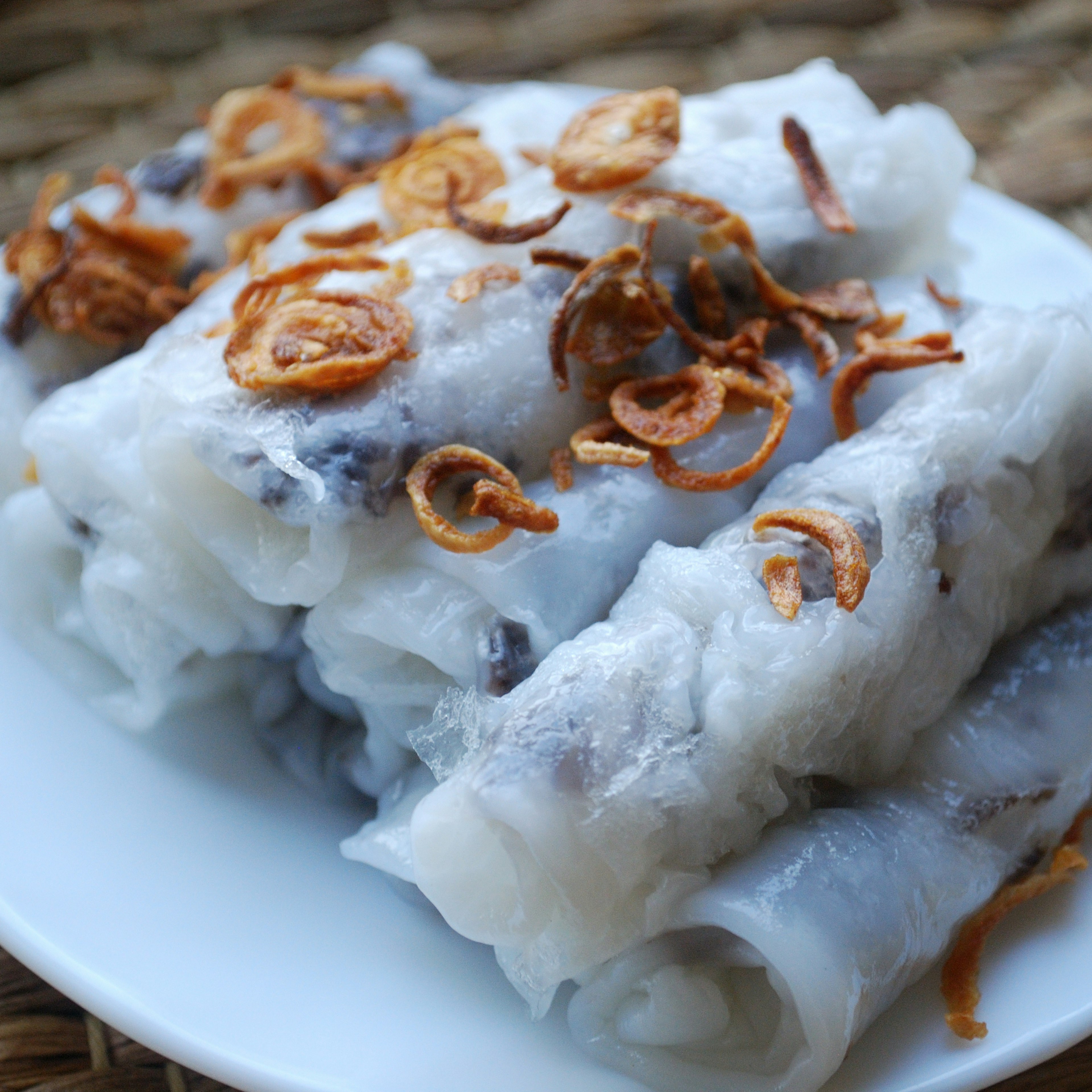 Vietnamese steamed rice rolls with minced meat inside