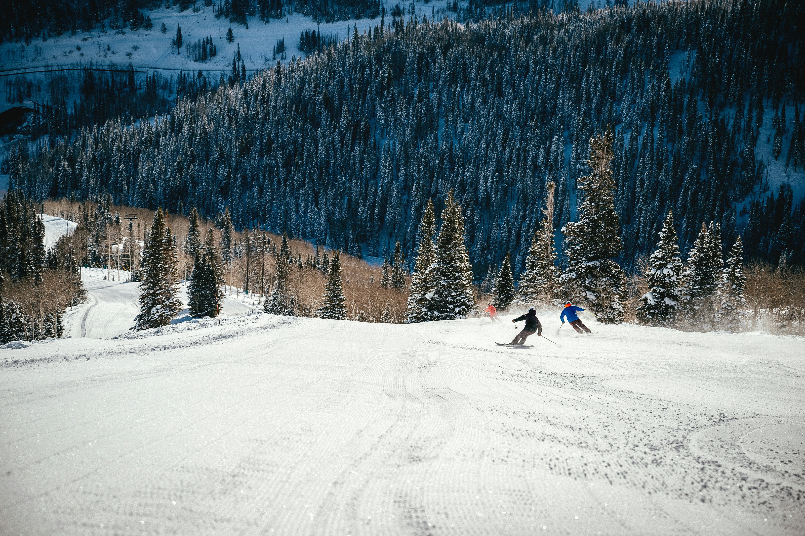 A small group of skiers goes down the mountain.