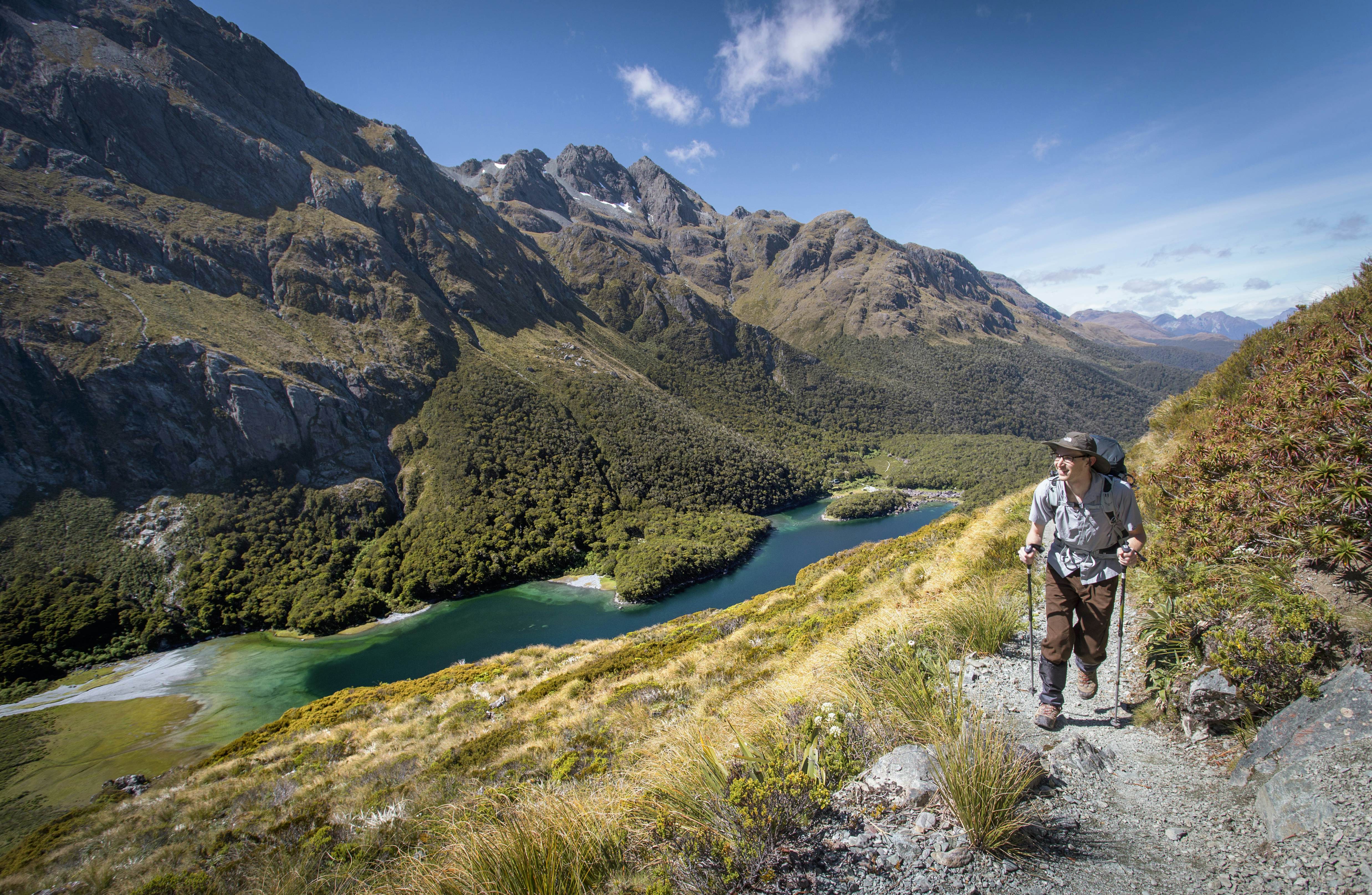 Lonely Planet Traveller Magazine, Issue 71, New Zealand, South Island, Routeburn Track, walking, hiking
A walker on the Routeburn Track rising high above Lake Mackenzie.