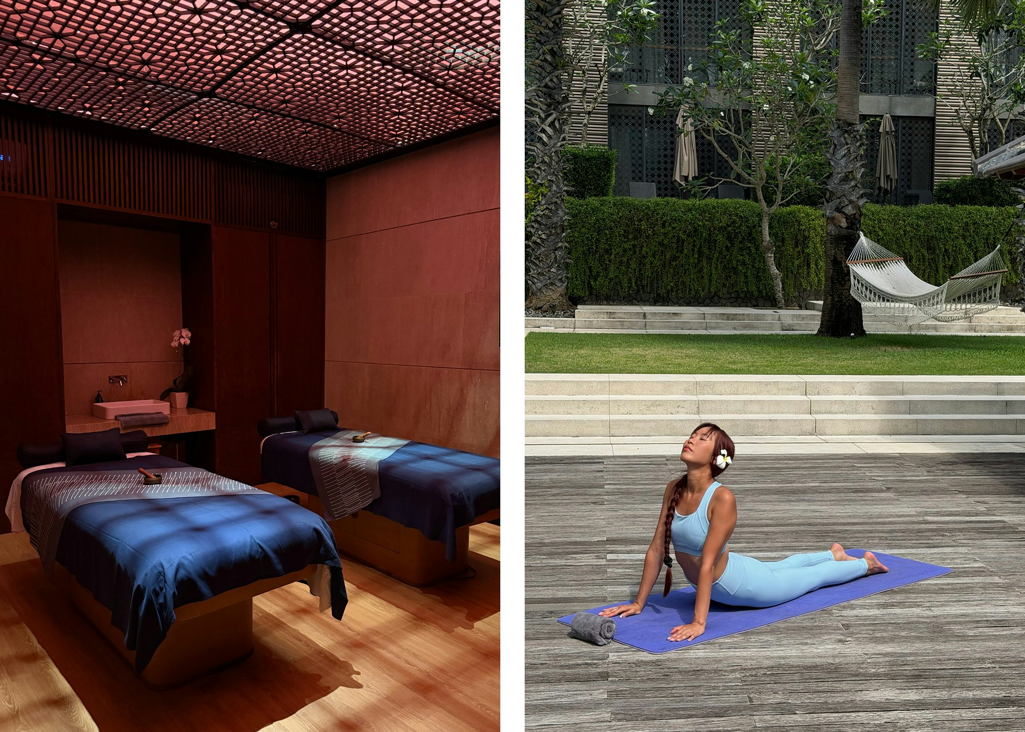 Left, beds in a dim spa room; right, a woman does yoga on a patio