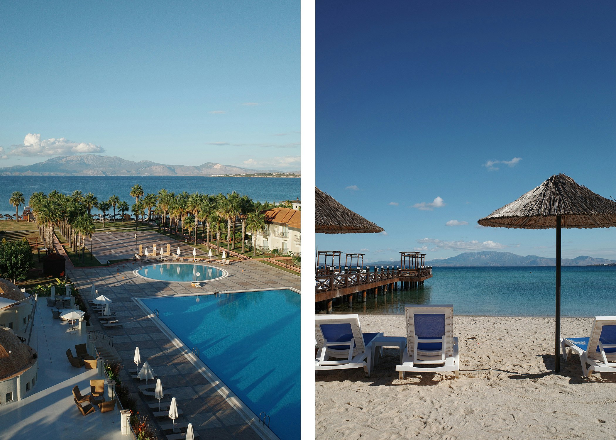 Left, a view of a hotel pool with a sea view; right, view of beach chairs and umbrellas looking out to the sea