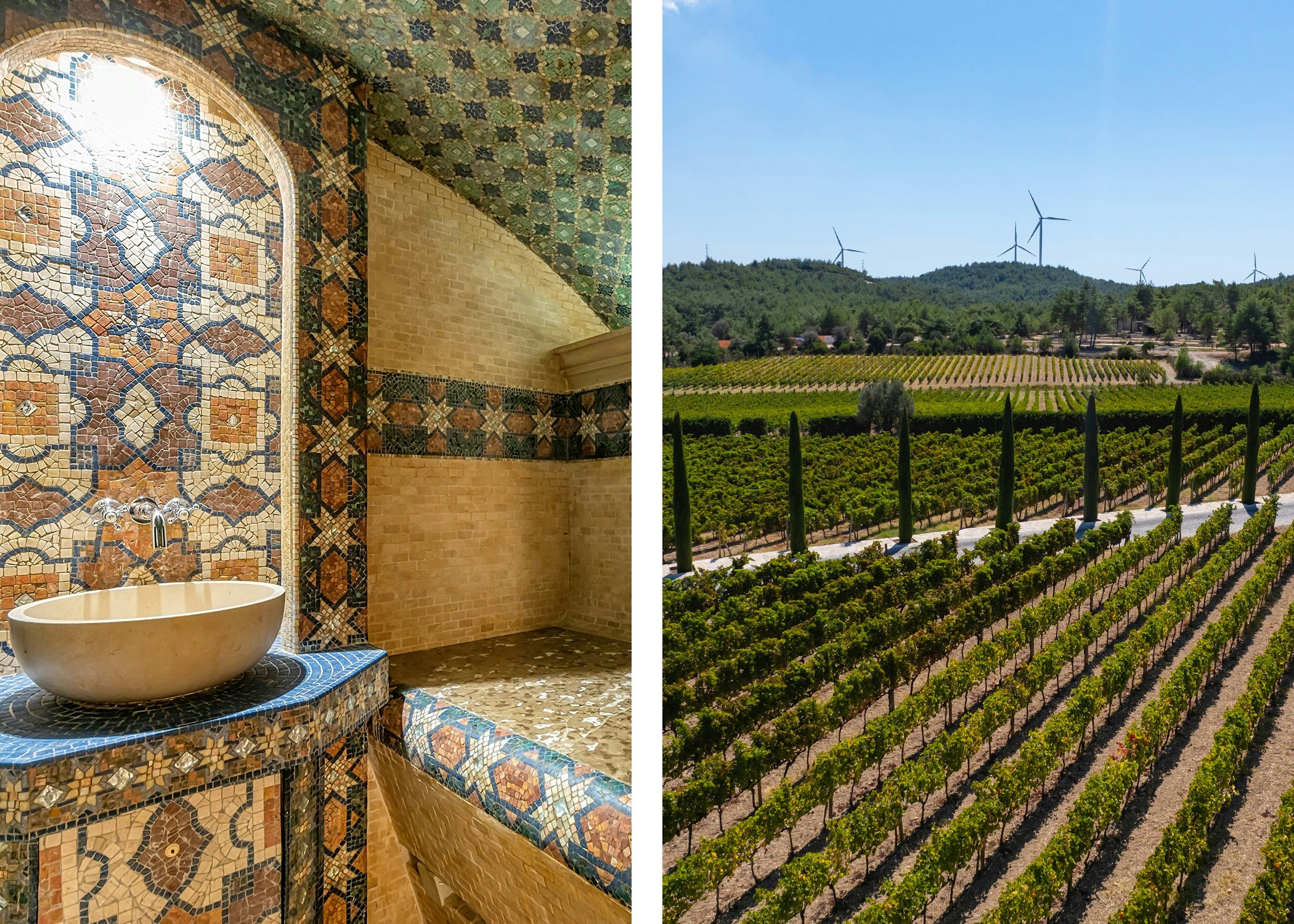Left, details on a room in a traditional Turkish bath; right, arial shot of a vineyard