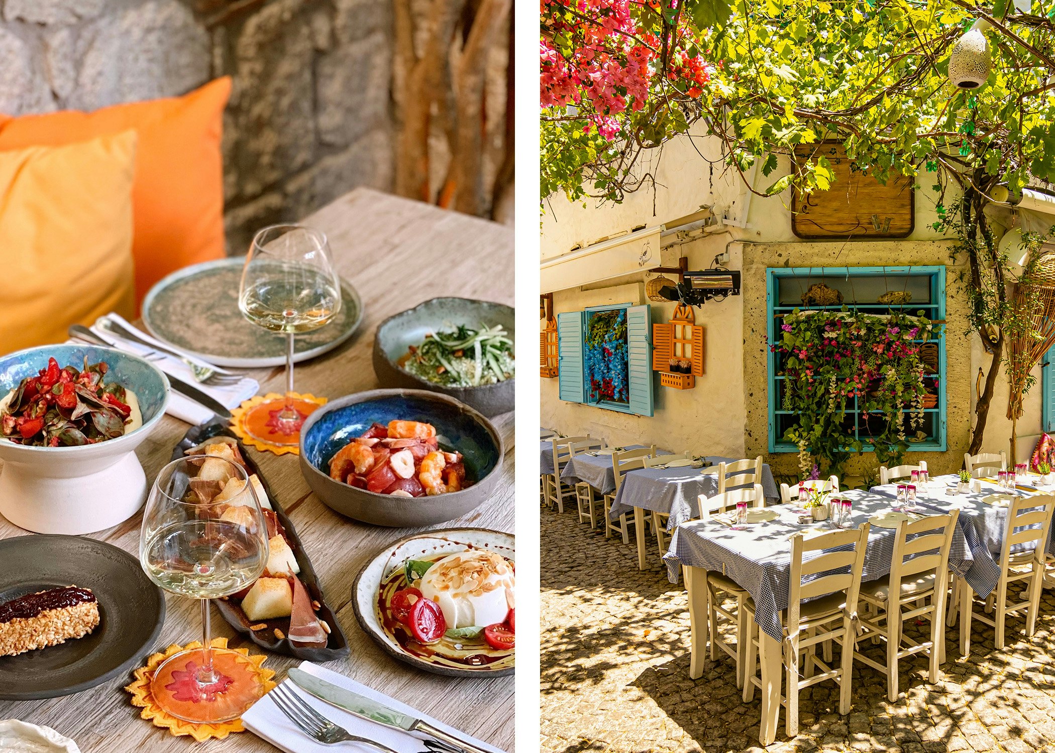 Left, tastefully plated food and wine on a wooden table; right, outdoor dining in cobblestone street
