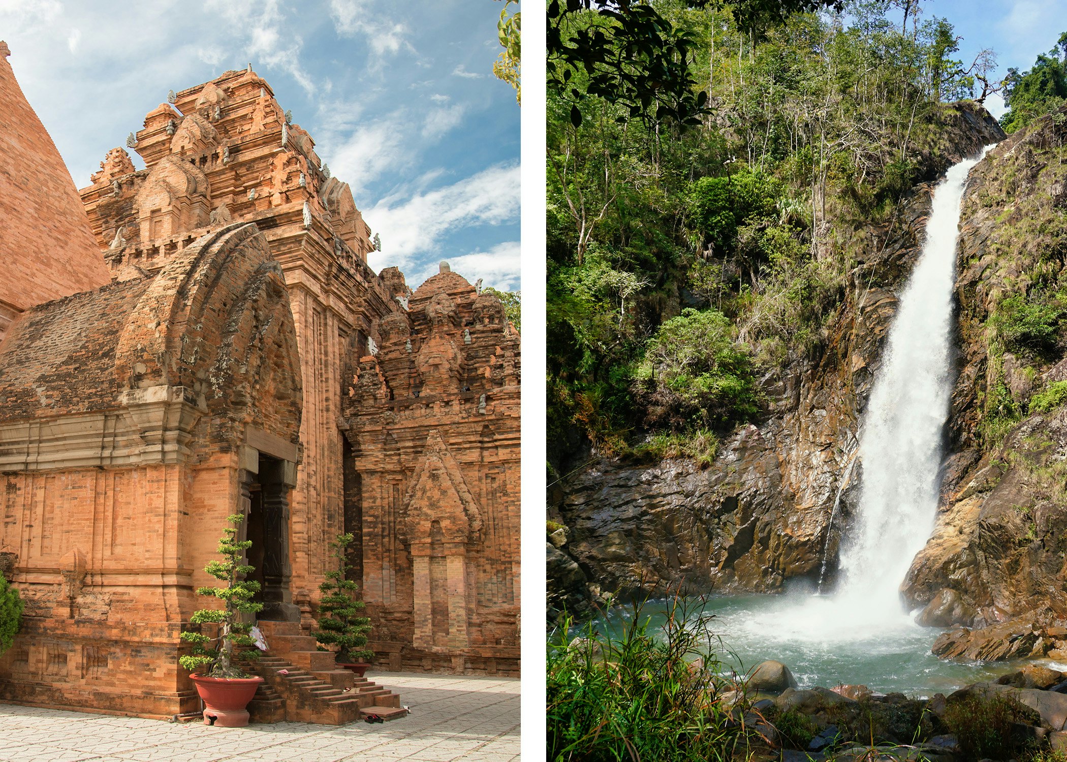 Left, an intricate stone building with potted plants around it; right, a waterfall surrounded by greenery