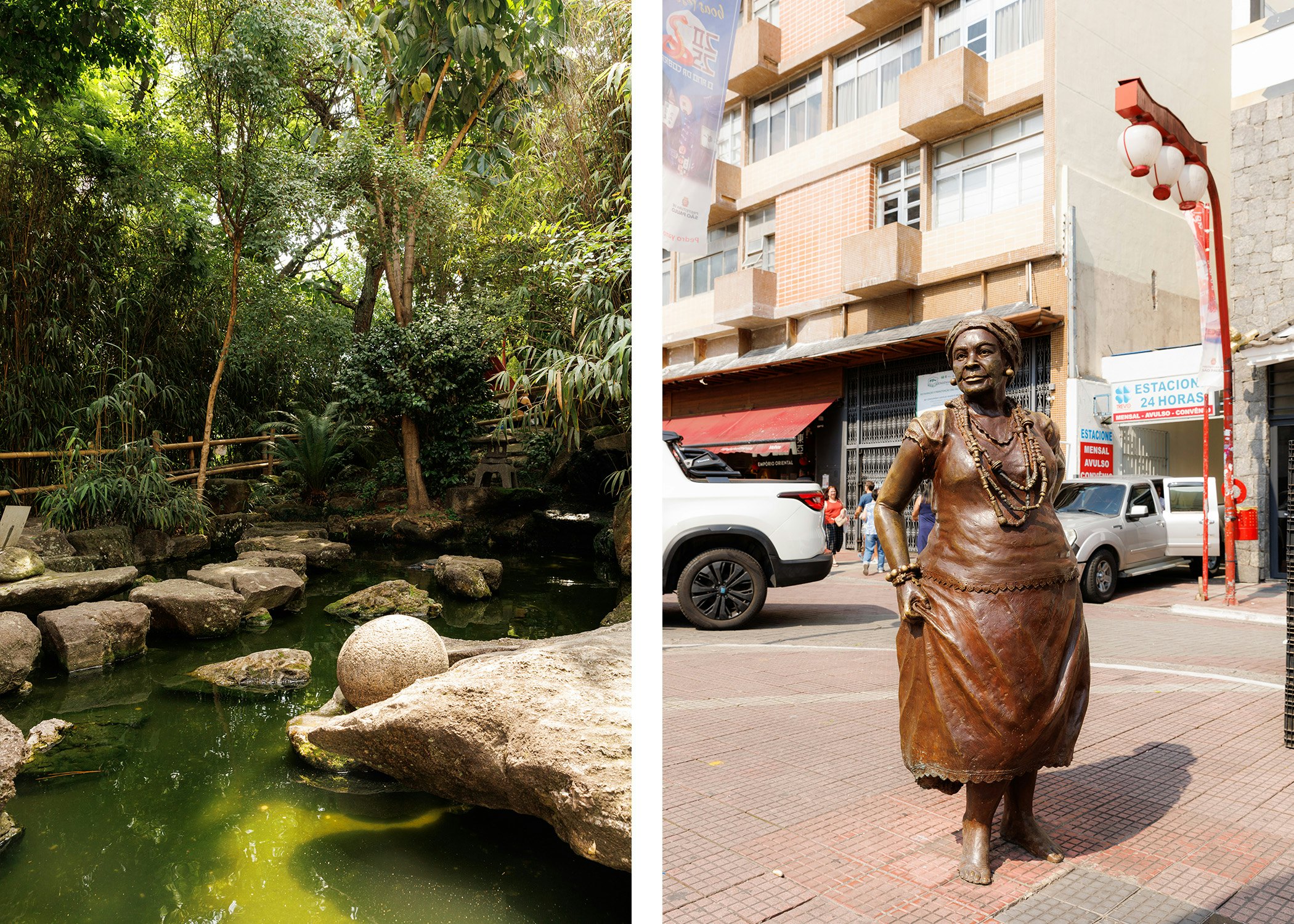 Left, a garden with a pond; right, a bronze statue of a woman
