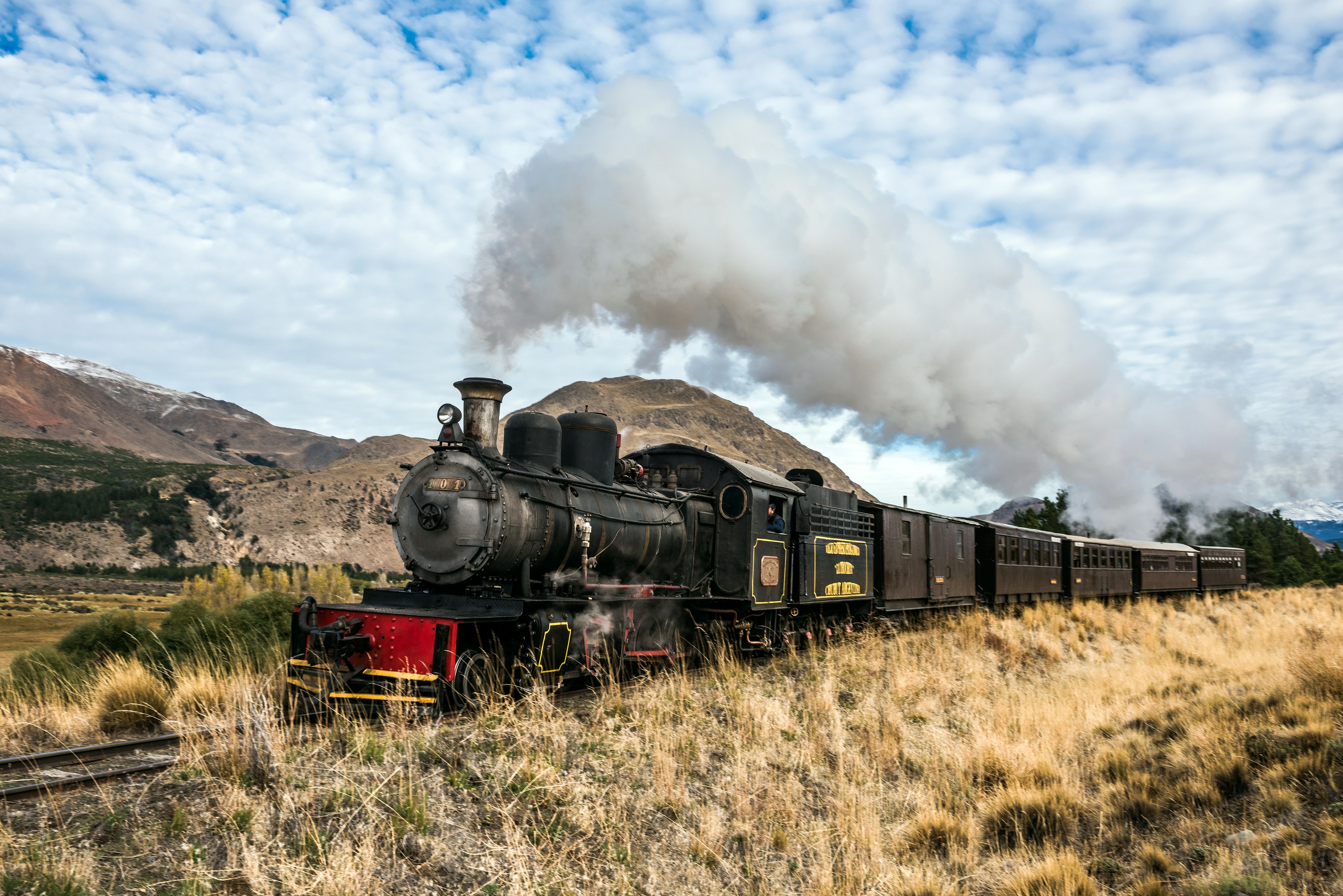 Esquel, Argentina - April 28, 2018: La Trochita (official name: Viejo Expreso Patagonico), the Old Patagonian Express, is a 750 mm (2 ft 5 1?2 in) narrow gauge railway in Patagonia License Type: media Download Time: 2024-01-05T08:09:50.000Z User: mvm_lonelyplanet Is Editorial: Yes purchase_order: