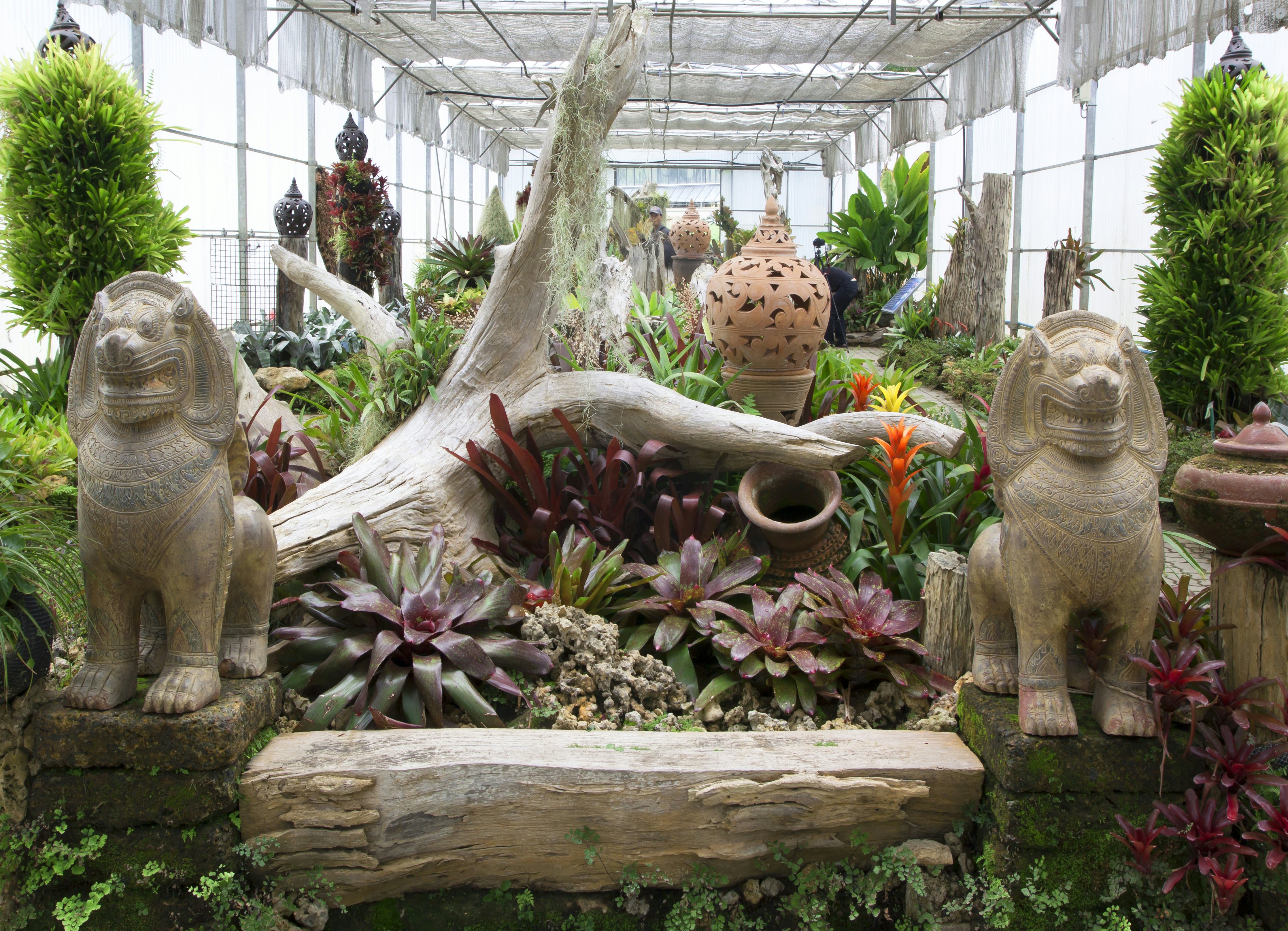 Indoor plants with statues and decorative objects at Queen Sirikit Botanic Gardens