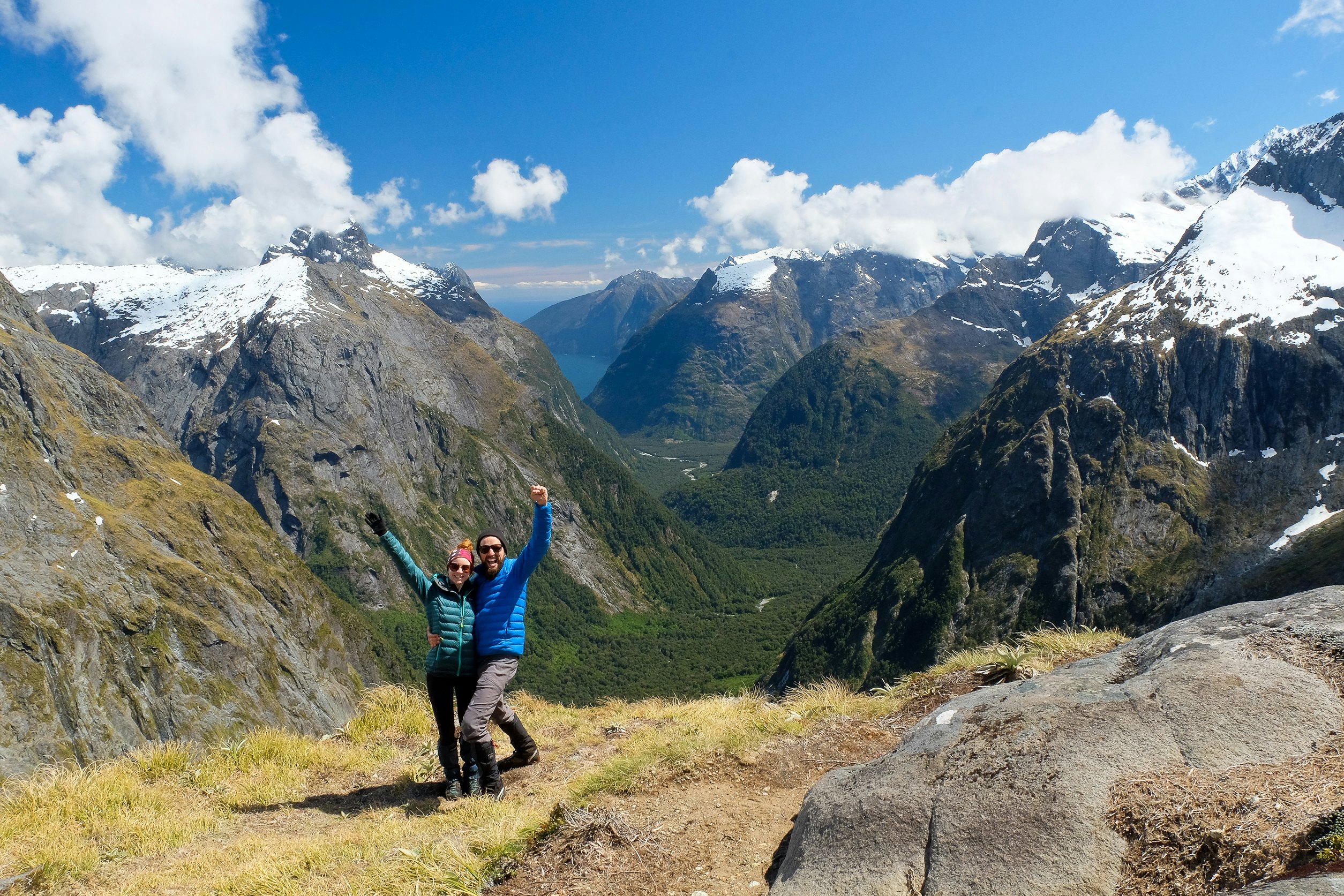 Two Happy Hikers on Gertrude Saddle at Milford Sound, Fjordland National Park, New Zealand