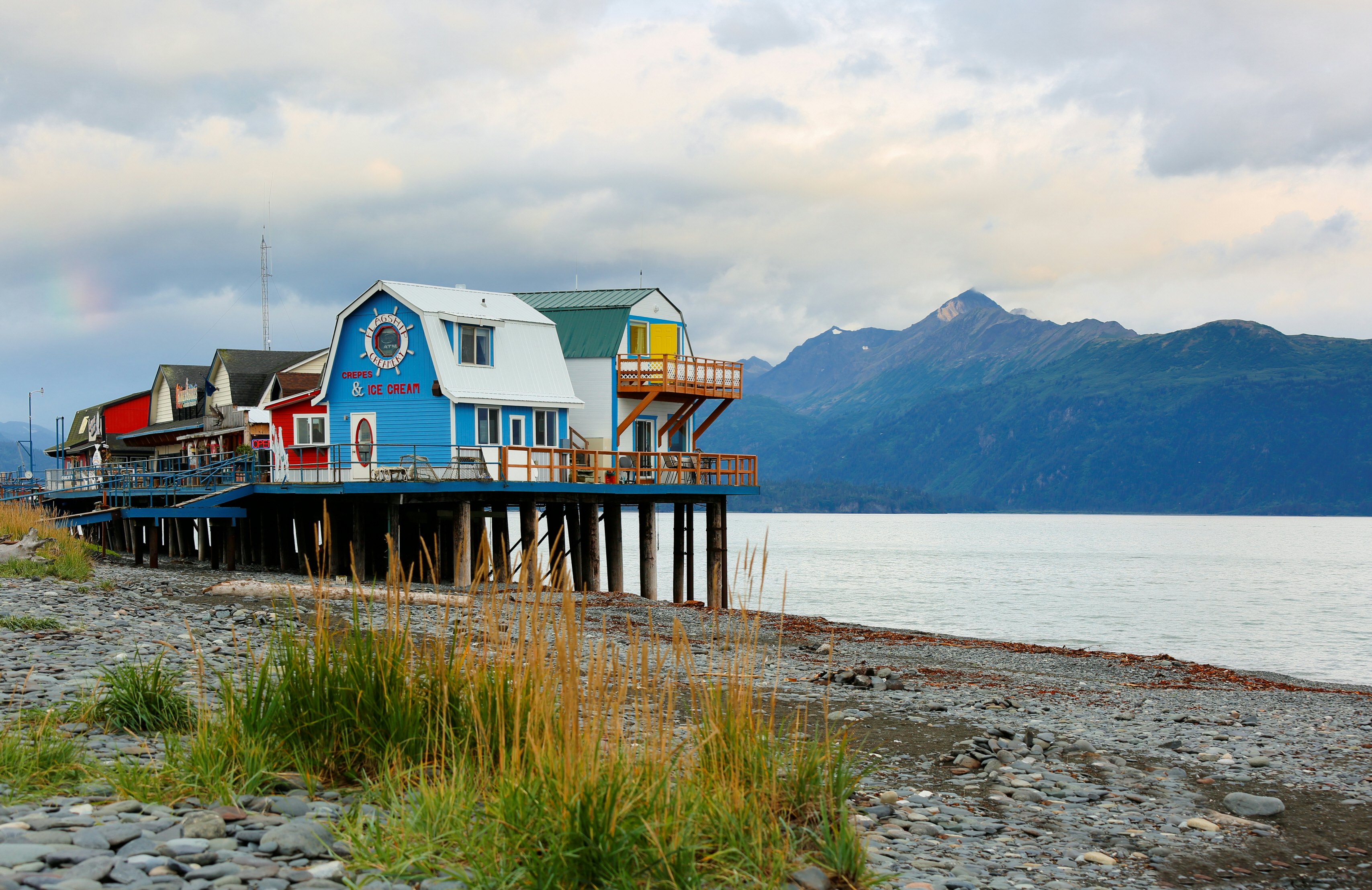 Small red shop at Home Spit Alaska after sunset. Homer is a small city on Kachemak Bay, on Alaska's Kenai Peninsula.