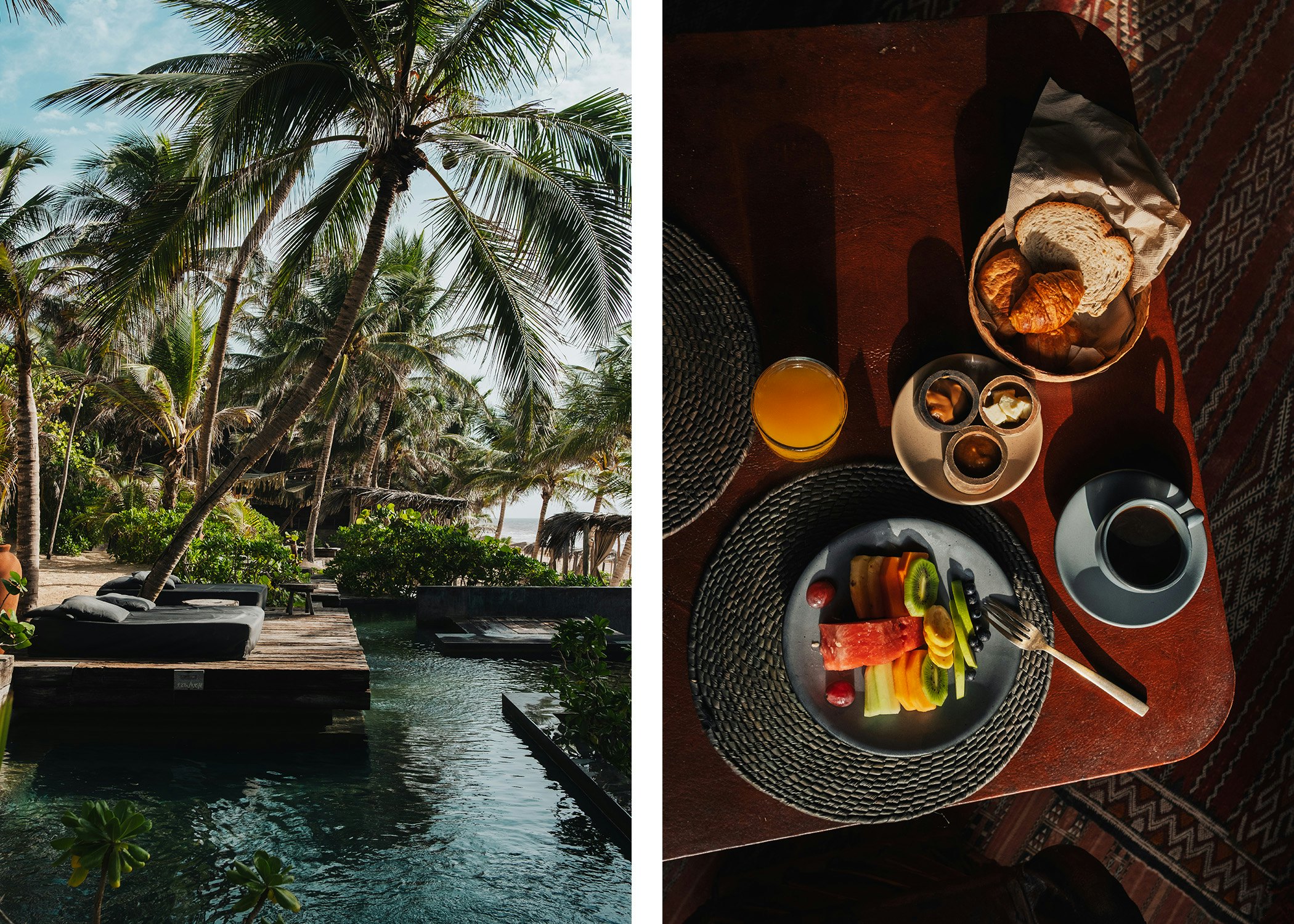 Left, a lounging bed next to a pool surrounded by palm trees; right, overhead shot of fruit, bread, coffee and orange juice