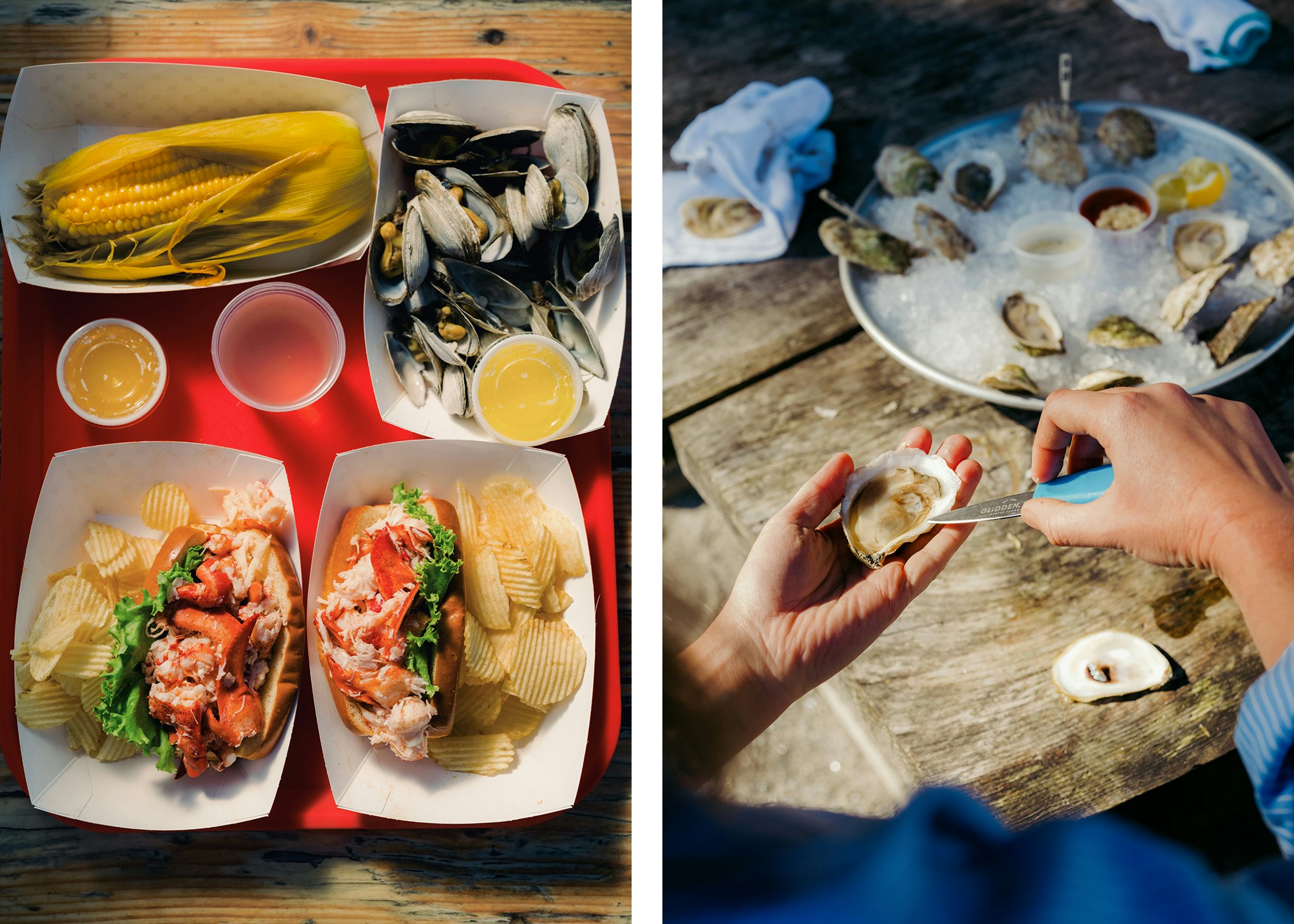 Left: Lobster Rolls, clams, and corn from 5 Islands Lobster Co in Georgetown, Maine
Right: Oysters from Glidden Point Oyster Farm in Edgecomb, Maine