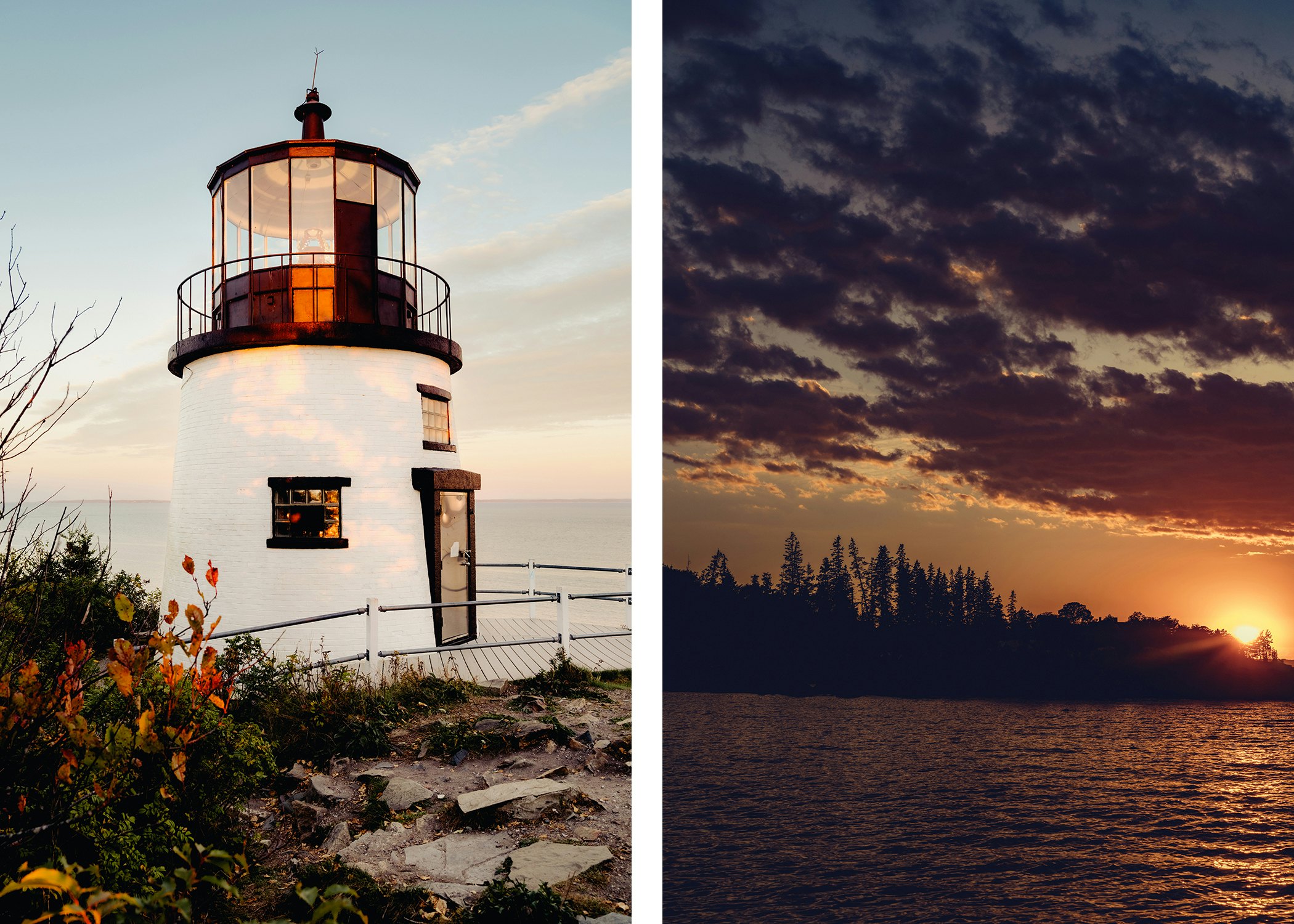 Left: Owls Head Lighthouse in Owls Head, Maine
Right: Views of the harbor from a sunset sailing tour with Bufflehead Sailing Charters