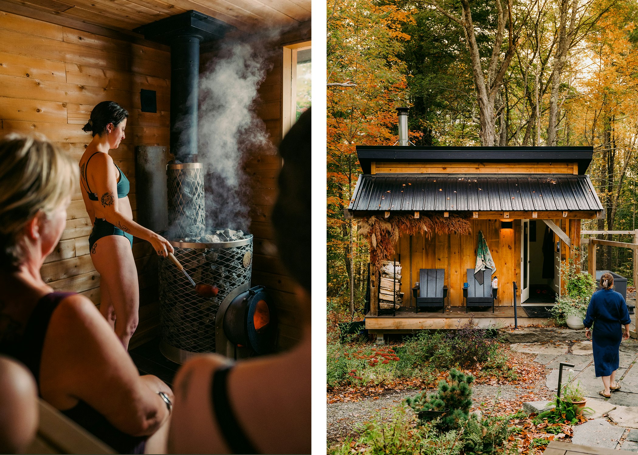 Comps for Visit Maine sponsored article
Left:The sauna at Waterstruck Wellness, a Nordic spa in Newcastle, Maine
Right: Waterstruck Wellness property