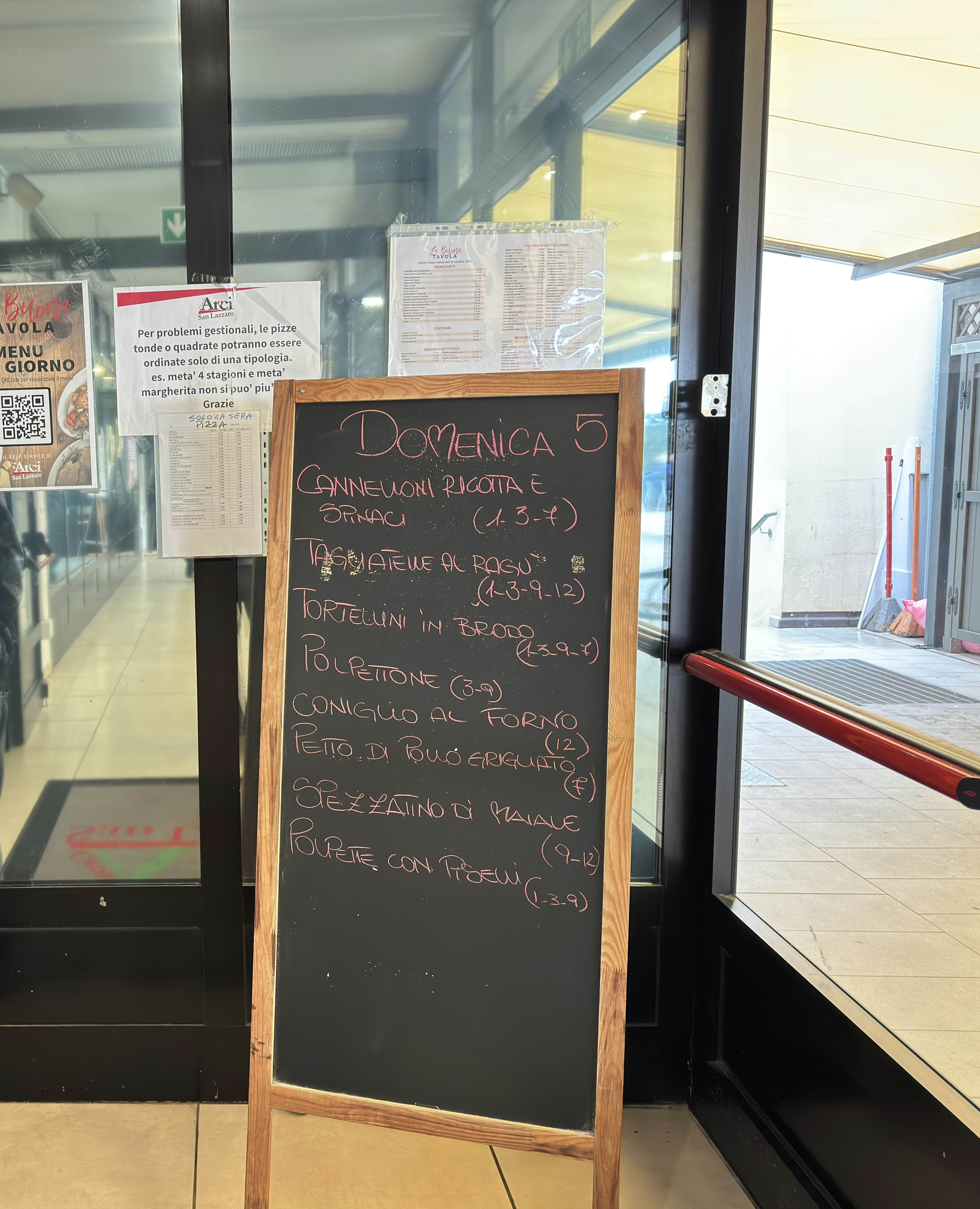 A chalkboard with an Italian menu inside a glass entryway